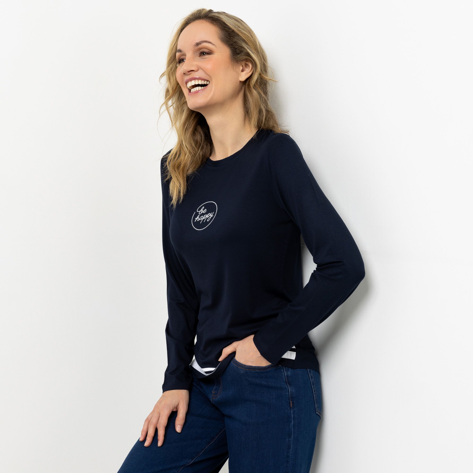 STRANDFEIN Shirt Langarm Rundhalsausschnitt Druck vorne figurumspielend