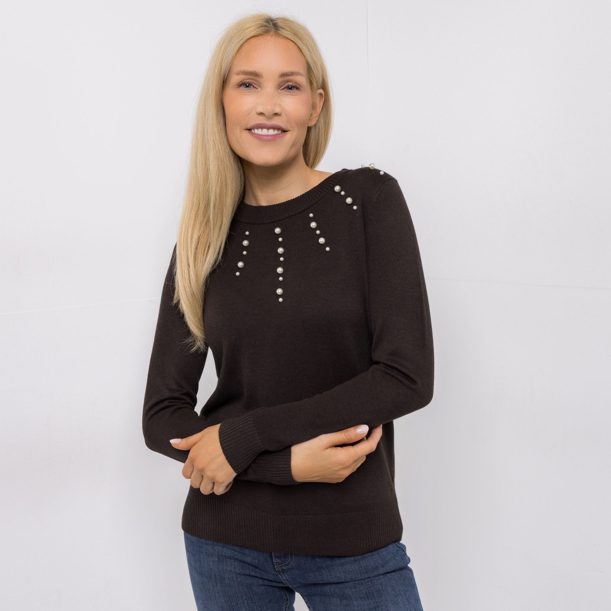 KILIAN KERNER SENSES Pullover, Langarm Rundhalsausschnitt mit Perlen figurumspielend