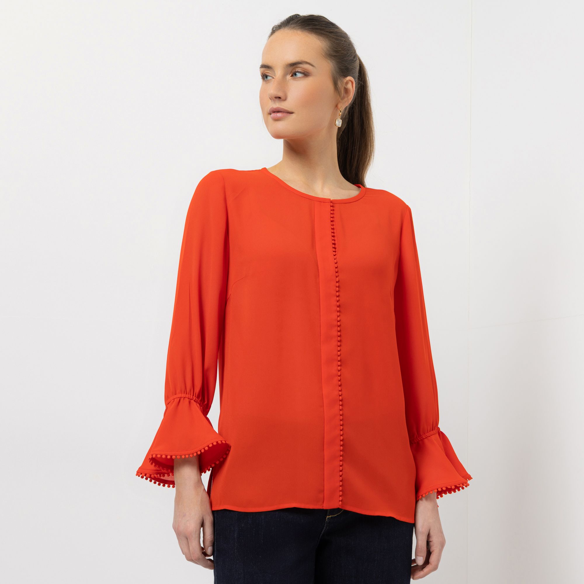 STEFFEN SCHRAUT Bluse, 7/8 Ärmel Volantabschluss Pom-Pom Band leger weit