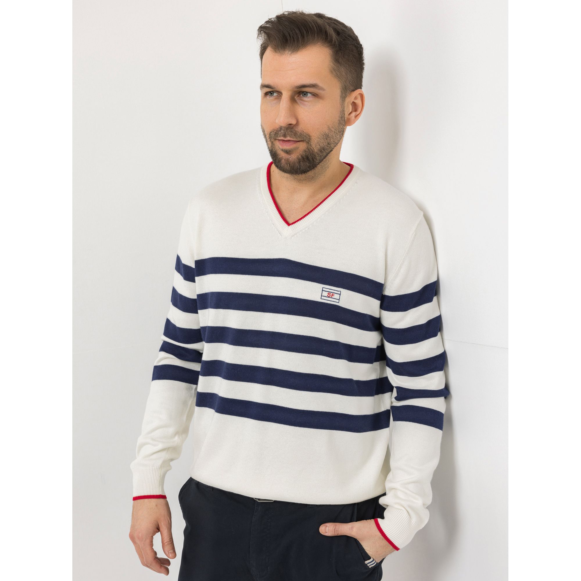 STRANDFEIN Menswear Pullover V-Ausschnitt Kontrastkante Logostickerei