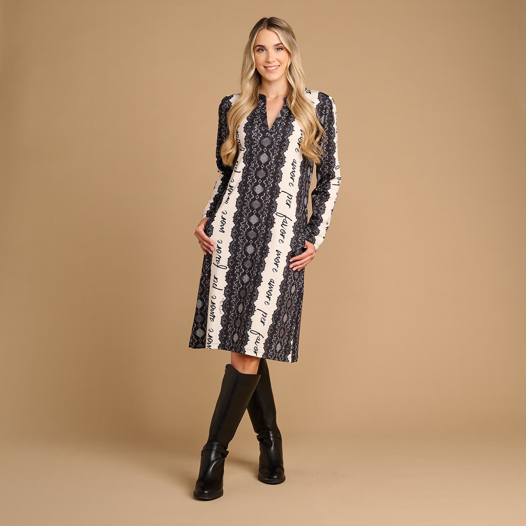 SCHIFFHAUER MUNICH® Kleid langarm V-Ausschnitt Allover-Druck figurumspielend