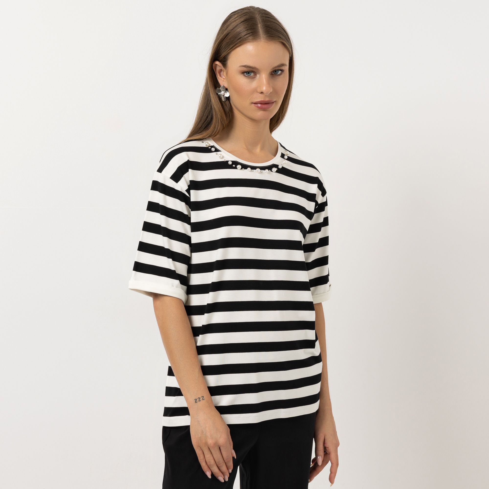 STEFFEN SCHRAUT Shirt, langer 1/2 Arm Rundhalsausschnitt Perlen und Ziersteine leger weit