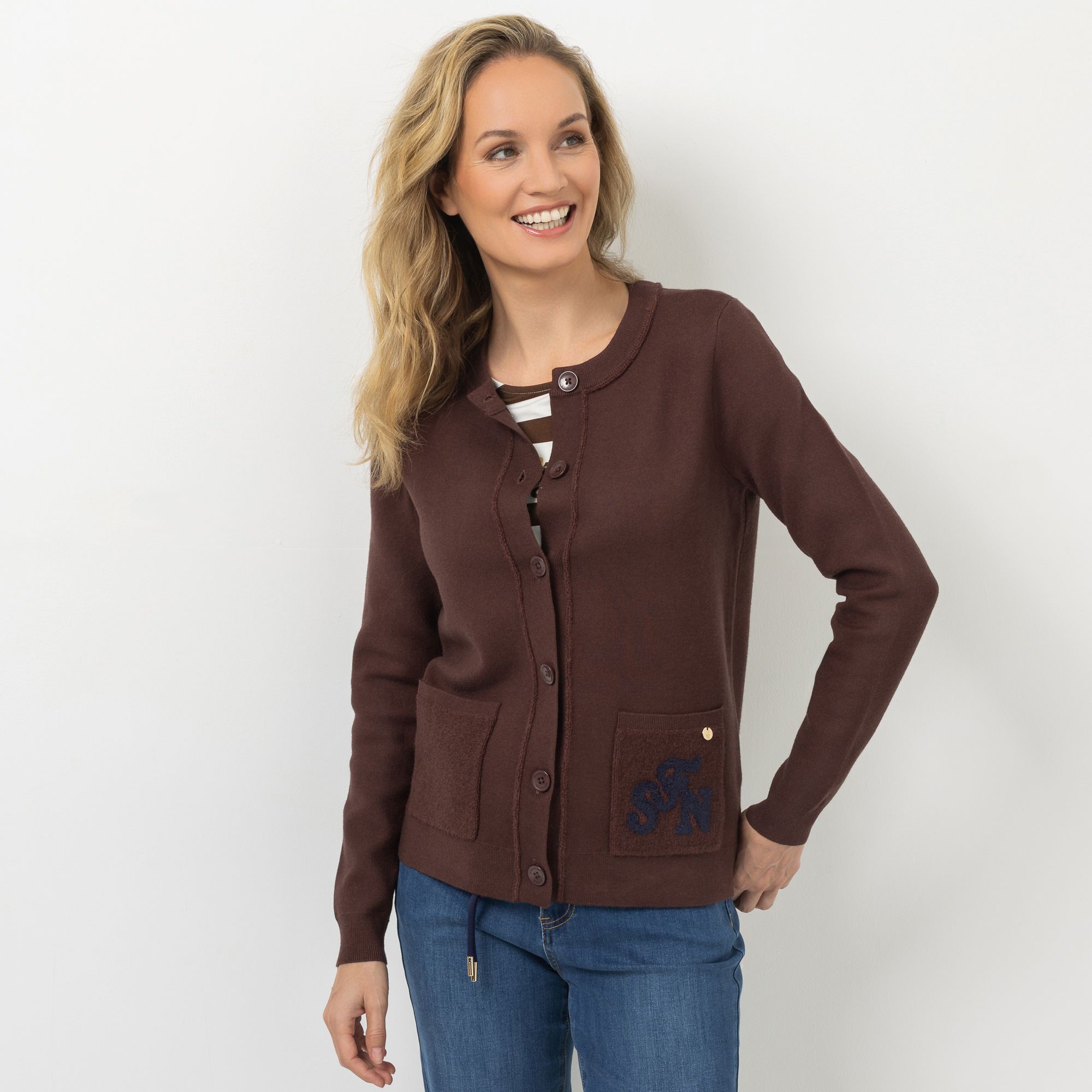 STRANDFEIN Cardigan, Langarm Rundhalsausschnitt Tasche mit Stickerei figurumspielend
