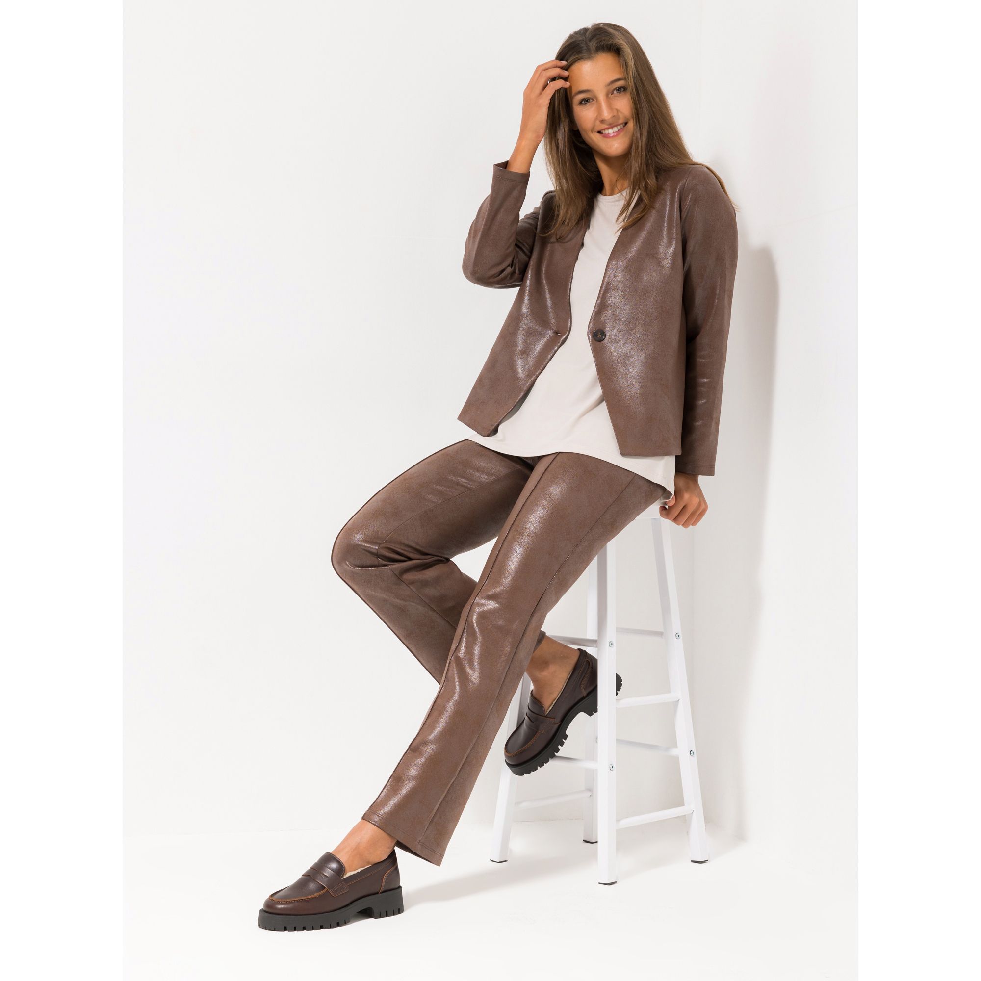 KIM & CO. Hose, 1/1-Länge Antique Leder Optik Biese, leicht ausgestelltes Bein