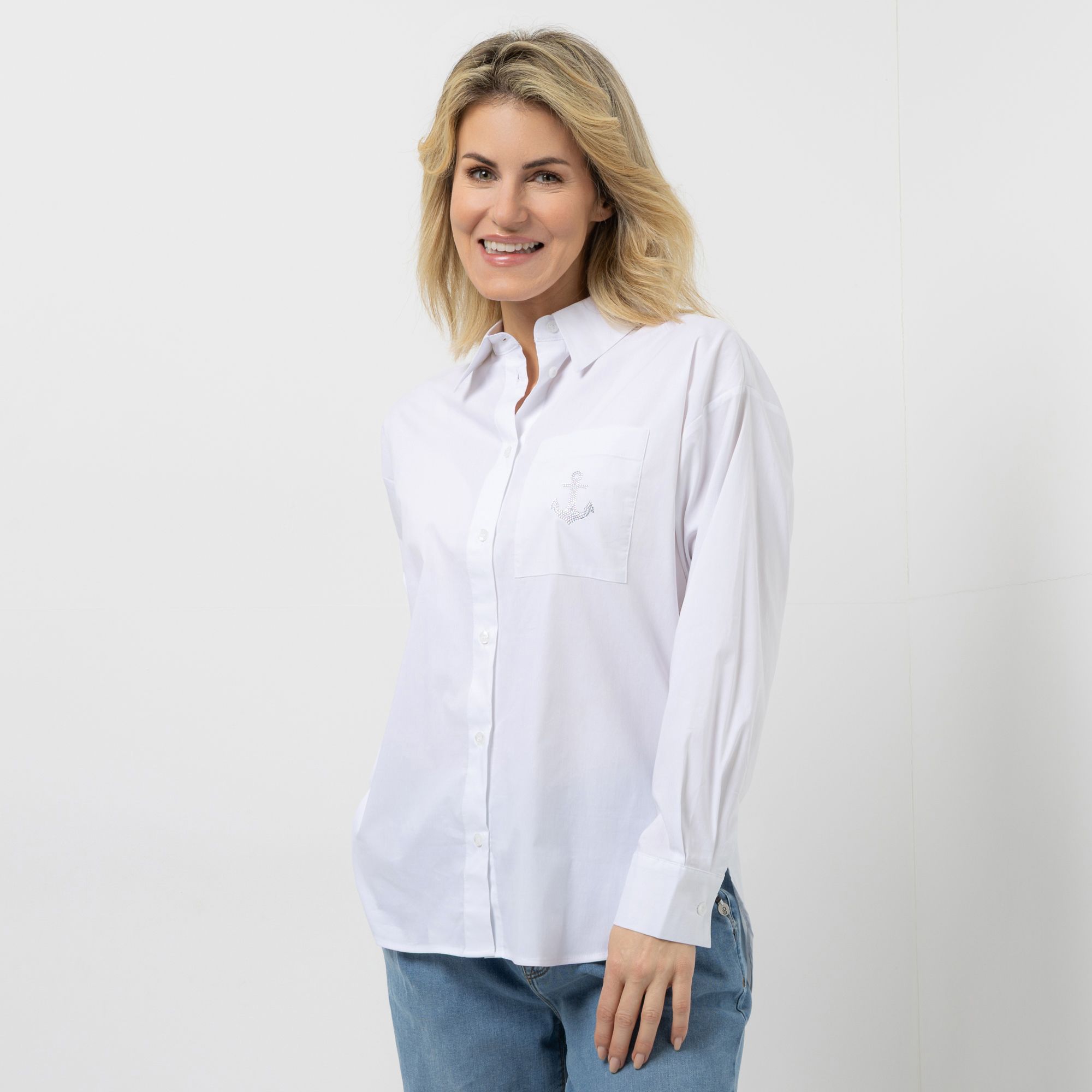 STRANDFEIN Bluse Hemdblusenkragen Strass-Anker leger weit