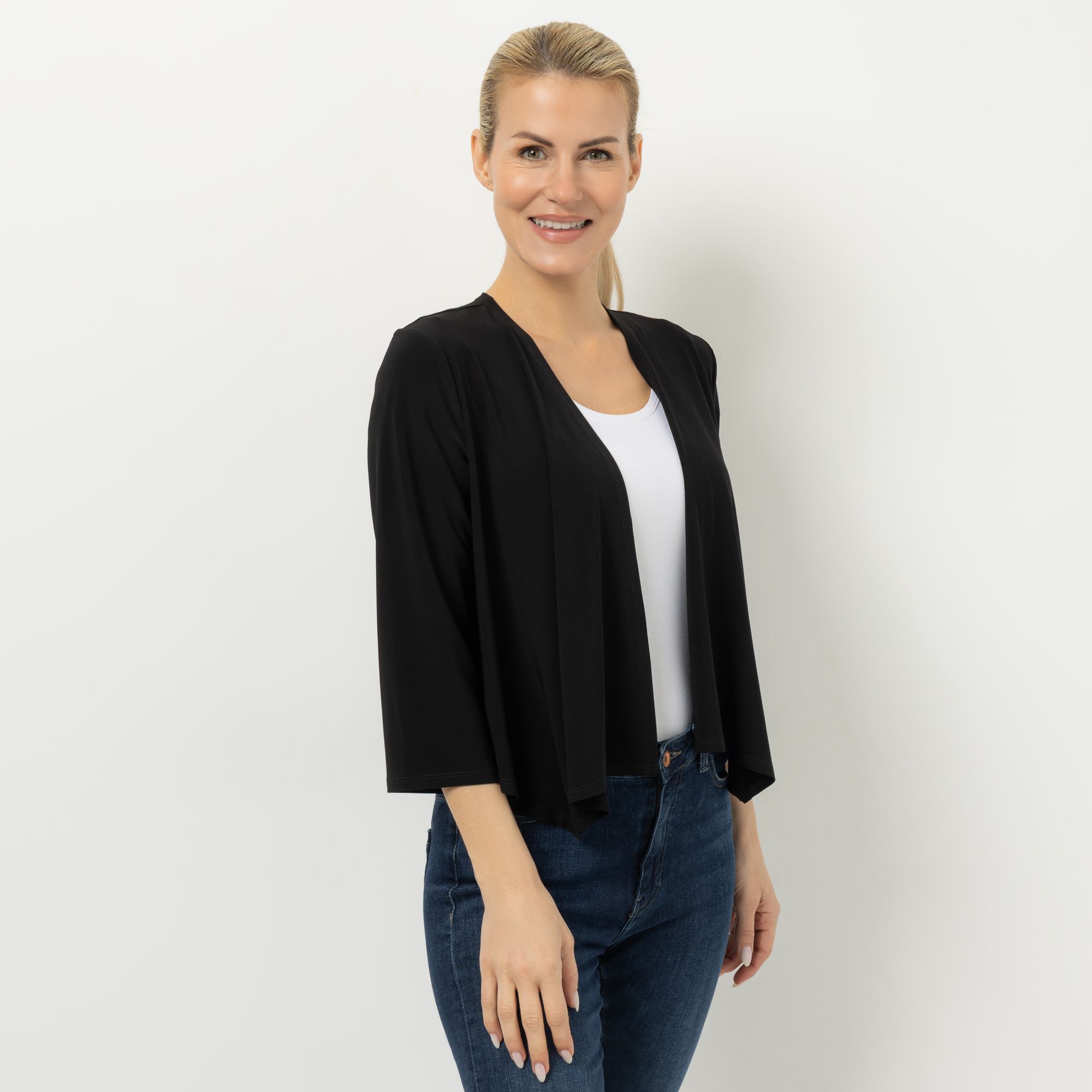 KIM & CO. Bolero, 3/4-Arm Deluxe Brazil Knit offene Front figurumspielend