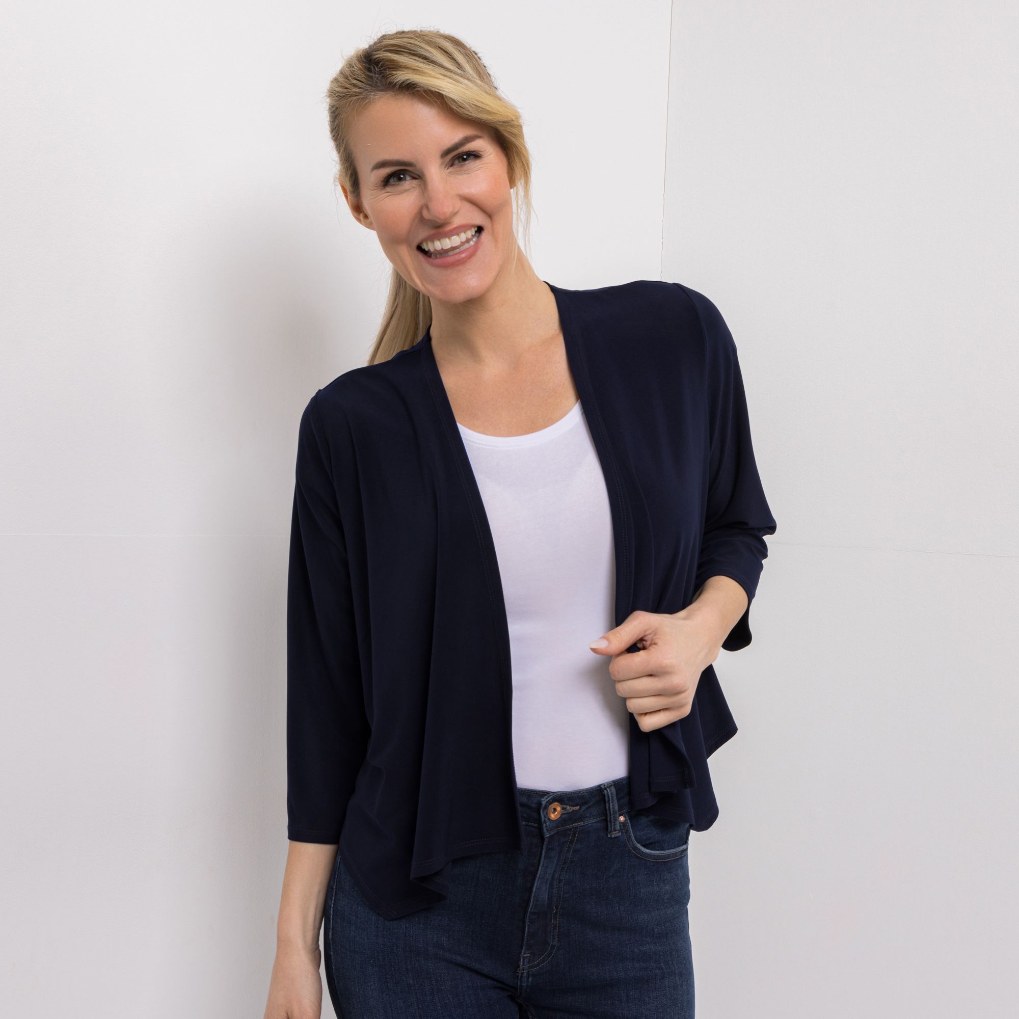 KIM & CO. Bolero, 3/4-Arm Brazil Knit Jersey offene Front figurumspielend