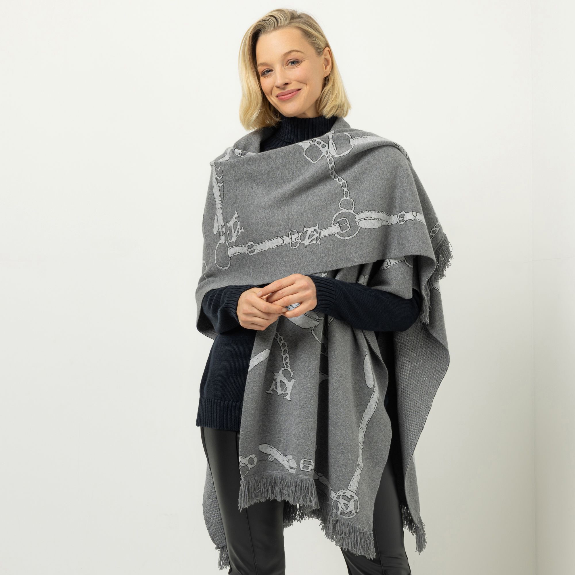 SCHIFFHAUER MUNICH® Poncho offene Front gemustert mit Fransen