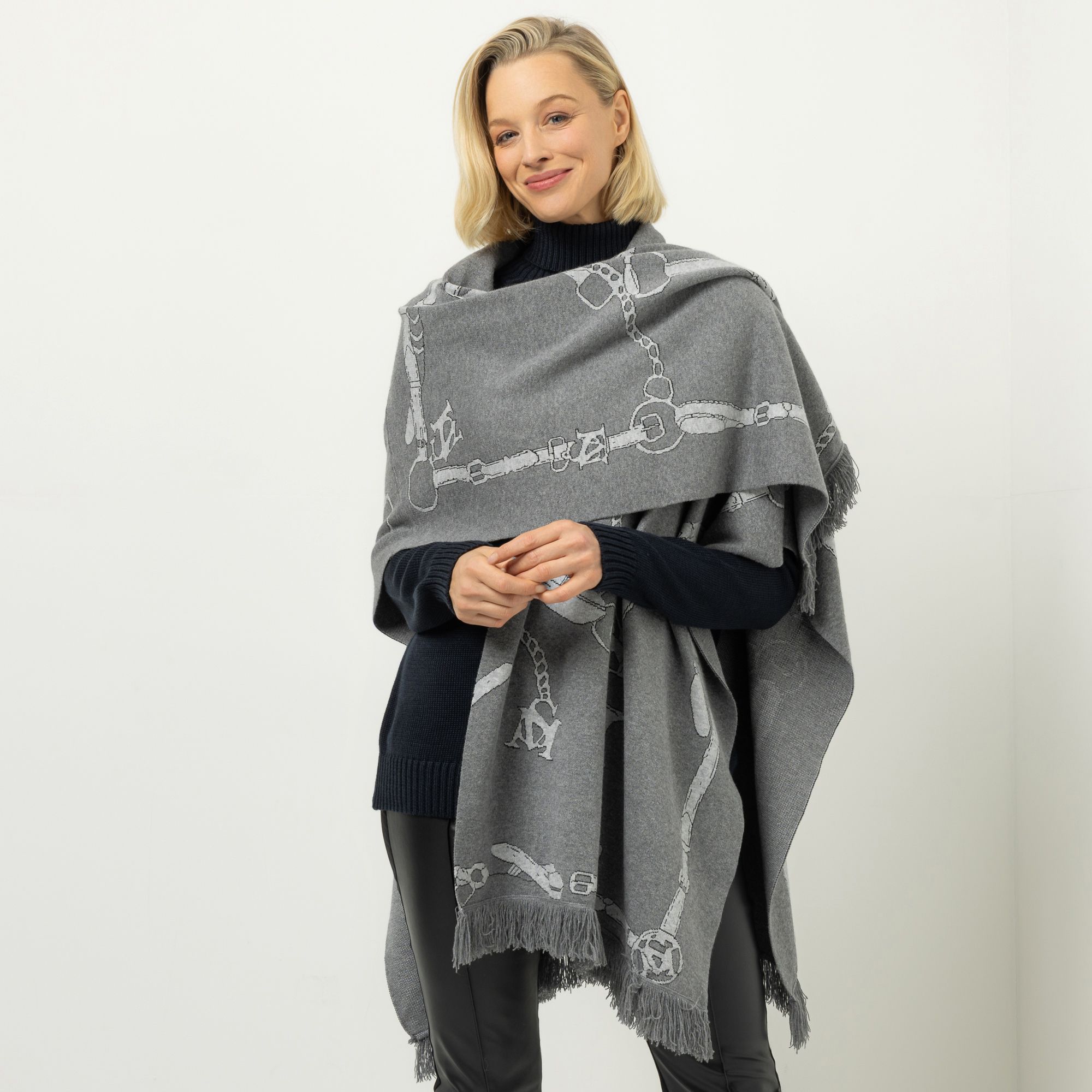 SCHIFFHAUER MUNICH® Poncho offene Front gemustert mit Fransen