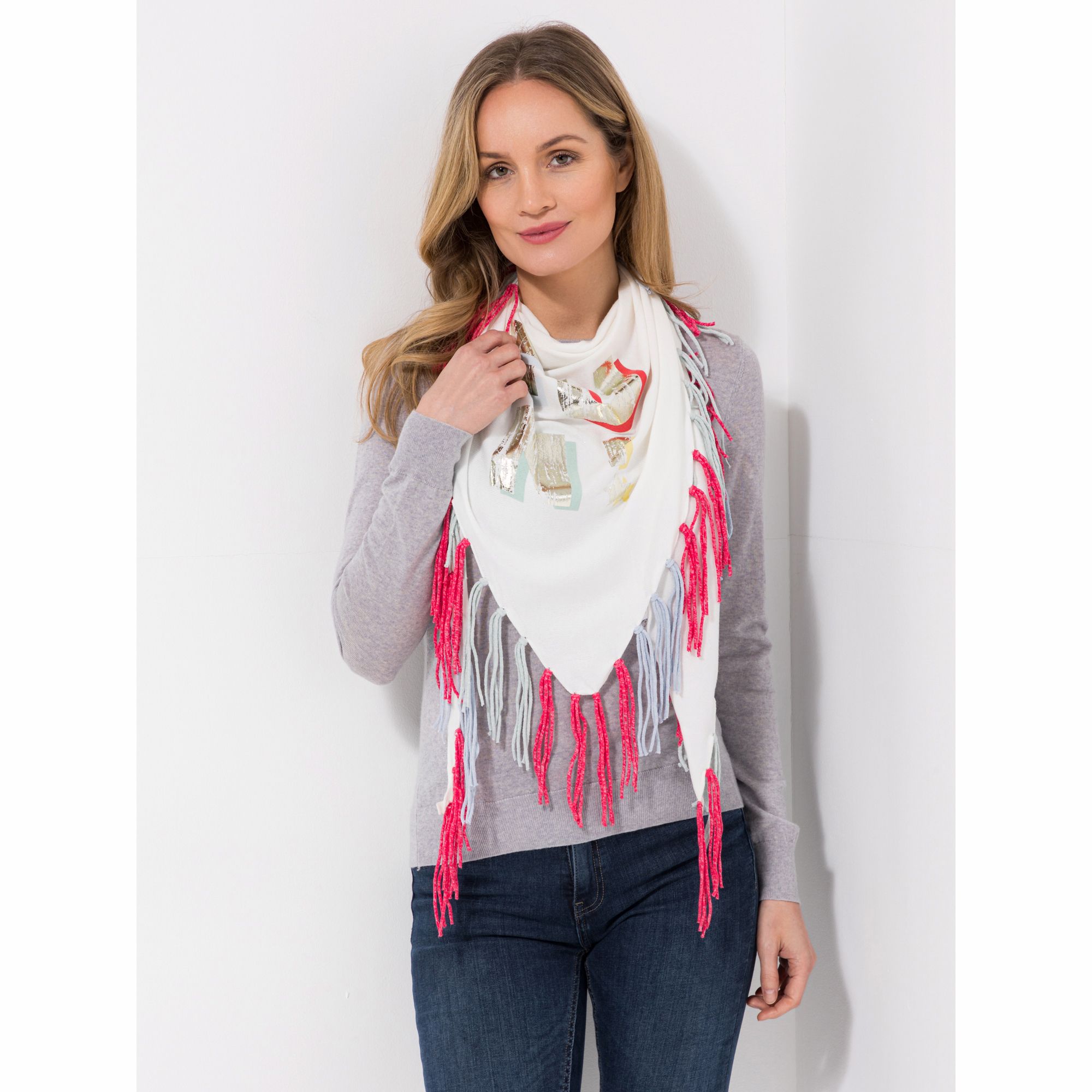 DINE 'N' DANCE Dreiecktuch platzierter Druck bunte Fransen