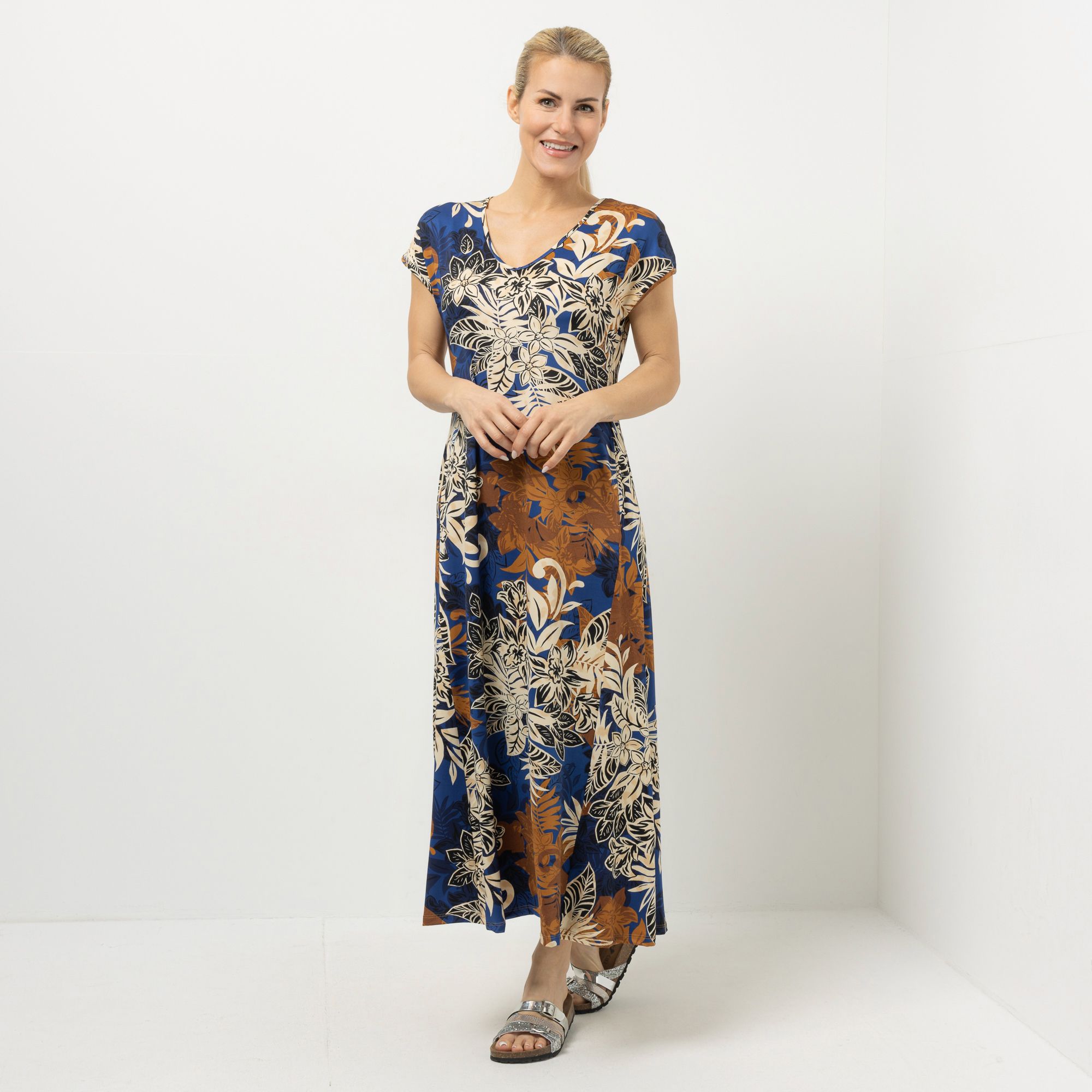 KIM & CO. Maxi-Kleid, 1/2-Arm Brazil Knit Jersey V-Ausschnitt figurumspielend