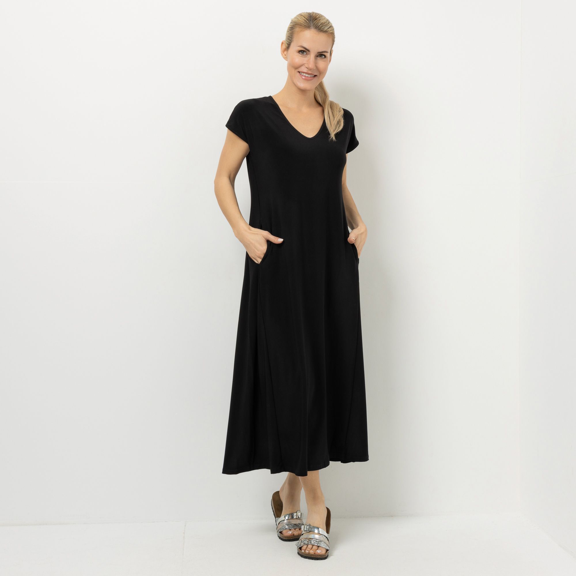 KIM & CO. Maxi-Kleid, 1/2-Arm Brazil Knit Jersey V-Ausschnitt figurumspielend