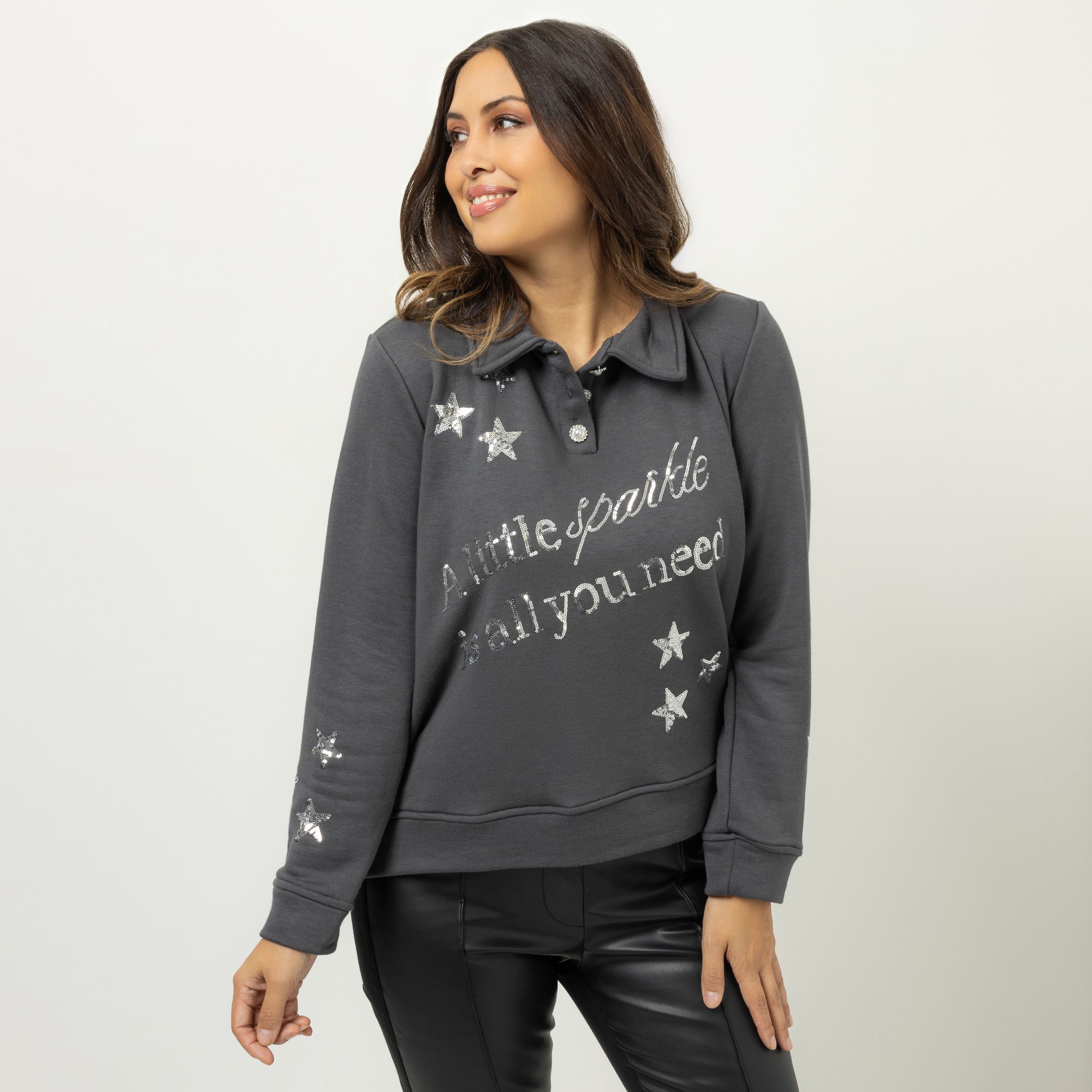 SCHIFFHAUER MUNICH® Sweatshirt Polokragen Pailetten-Schriftzug figurumspielend
