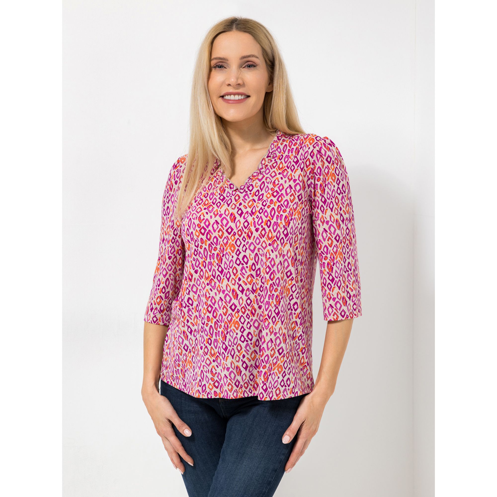 KIM & CO. Shirt, 3/4-Arm Brazil Knit Jersey V-Ausschnitt, Kragen figurumspielend