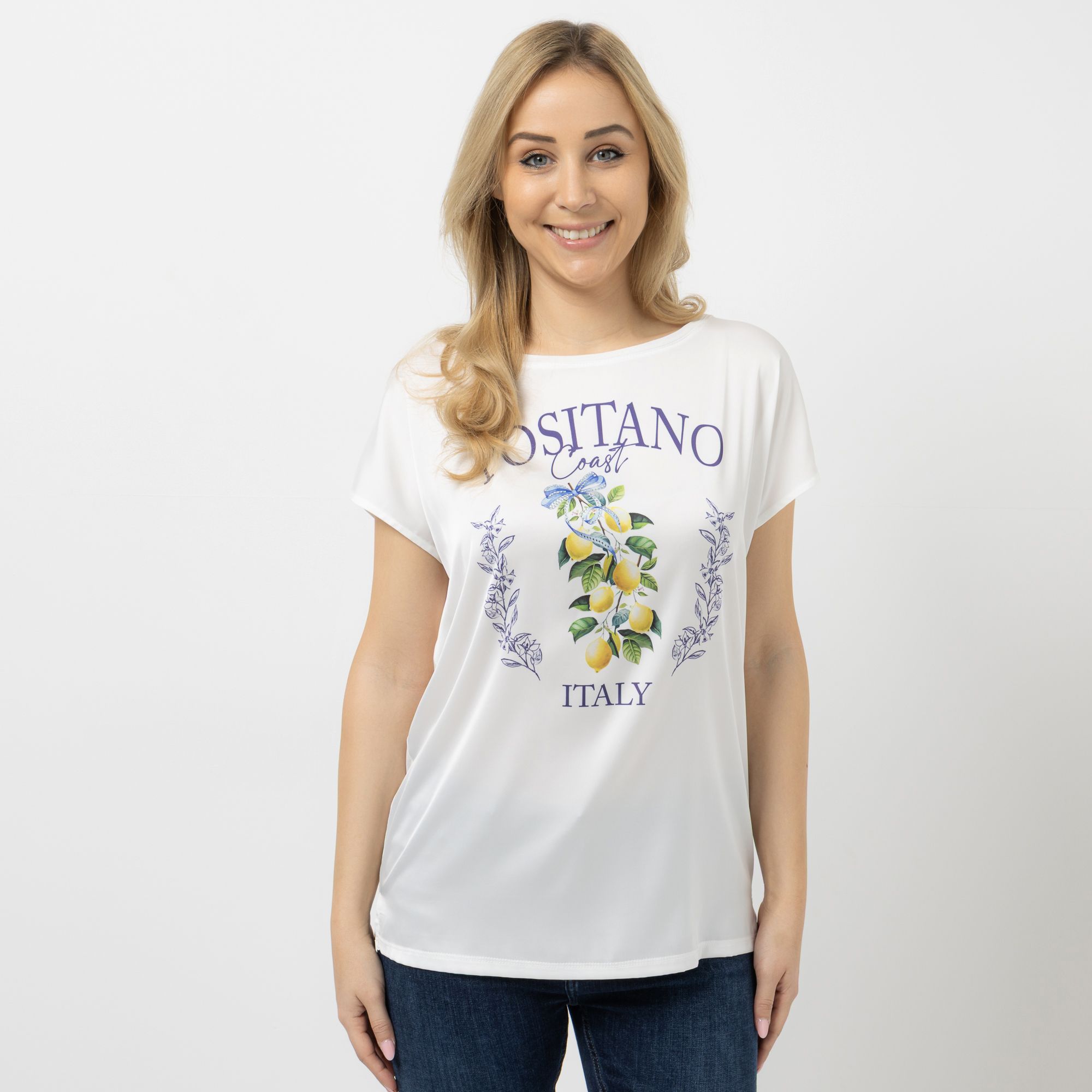 DINE 'N' DANCE Blusenshirt Materialmix platzierter Druck leger weit