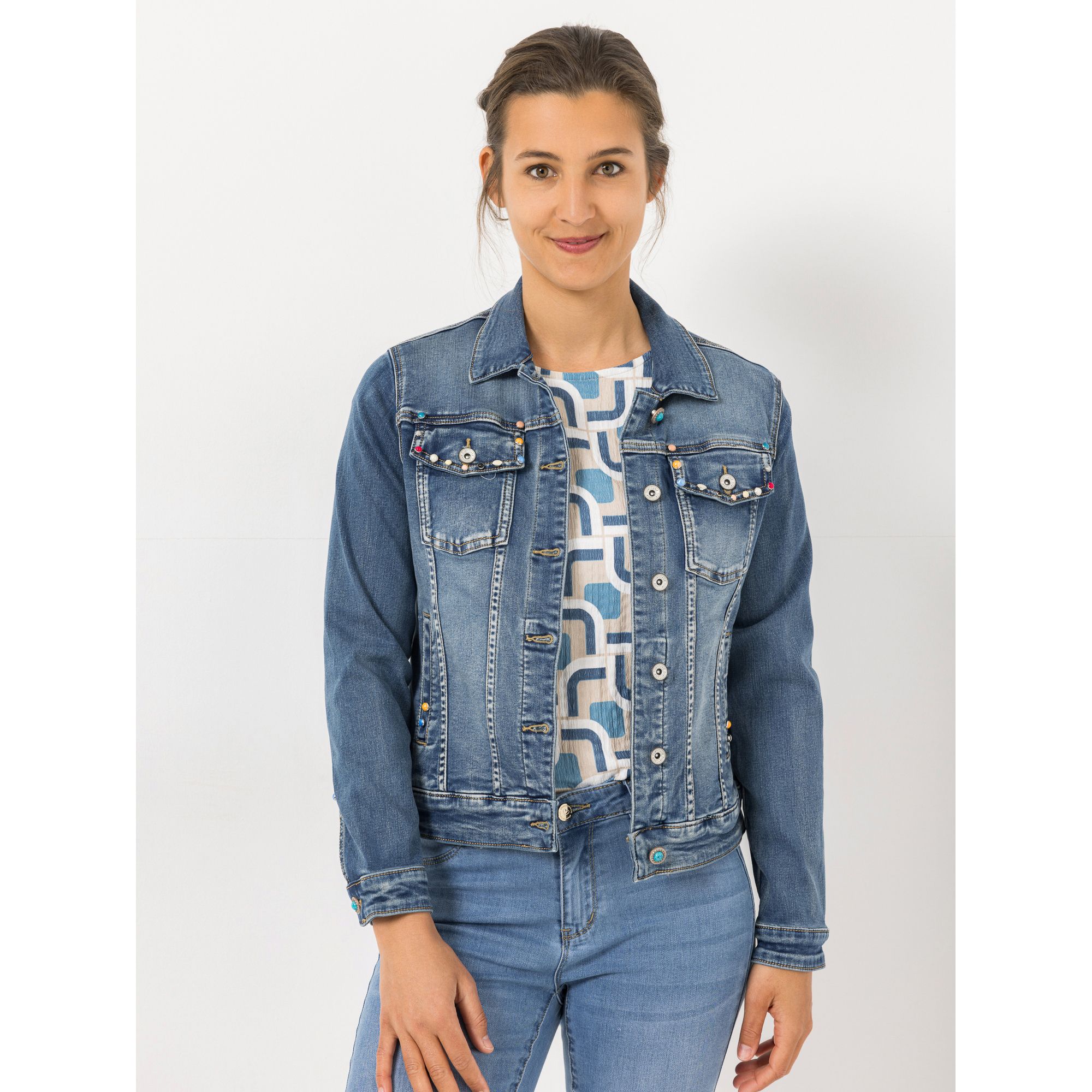DINE 'N' DANCE Jeansjacke Salsa Knopfleiste Schmucksteine figurbetont