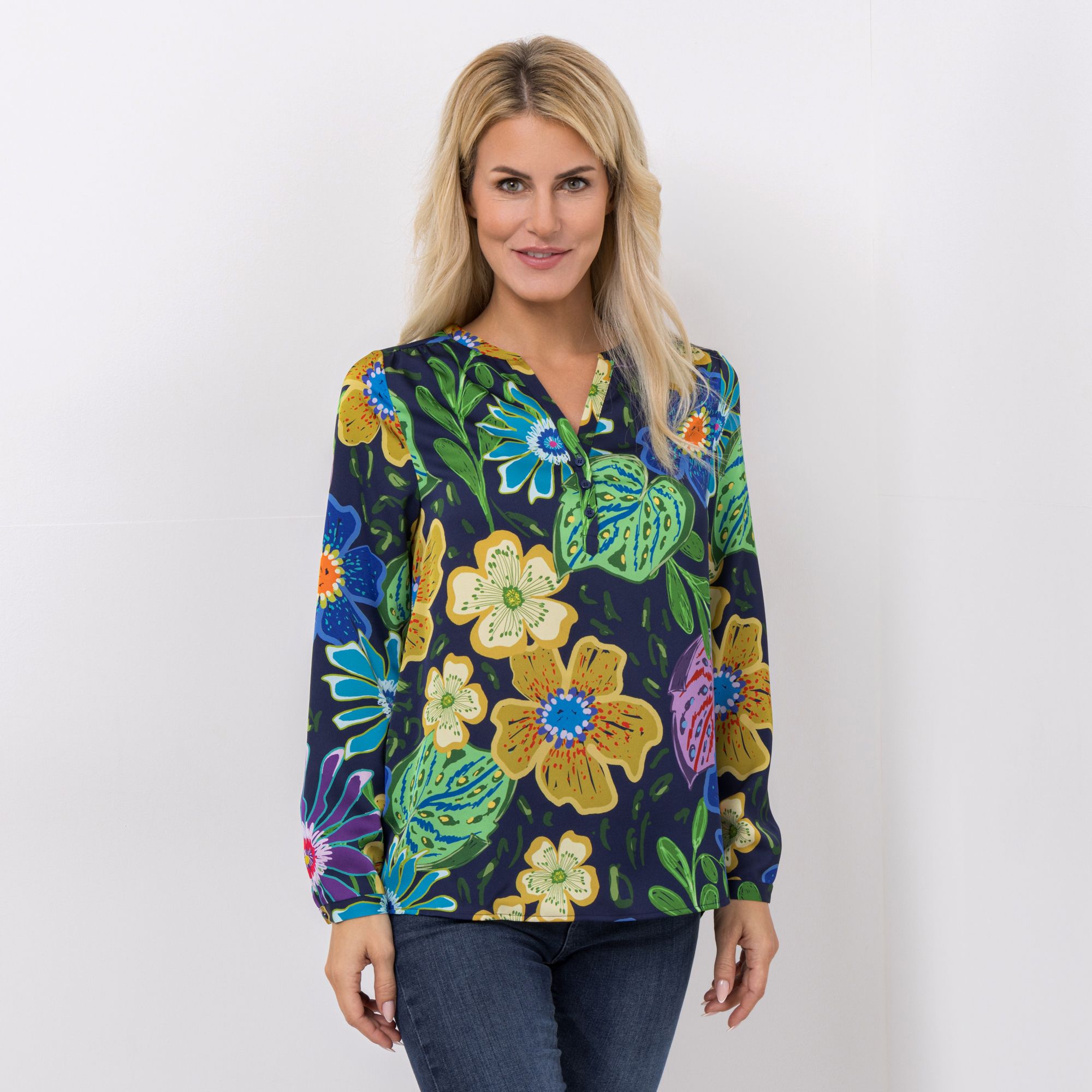 ANNI FOR FRIENDS Bluse Anna halbe Knopfleiste Serafino-Ausschnitt leger weit