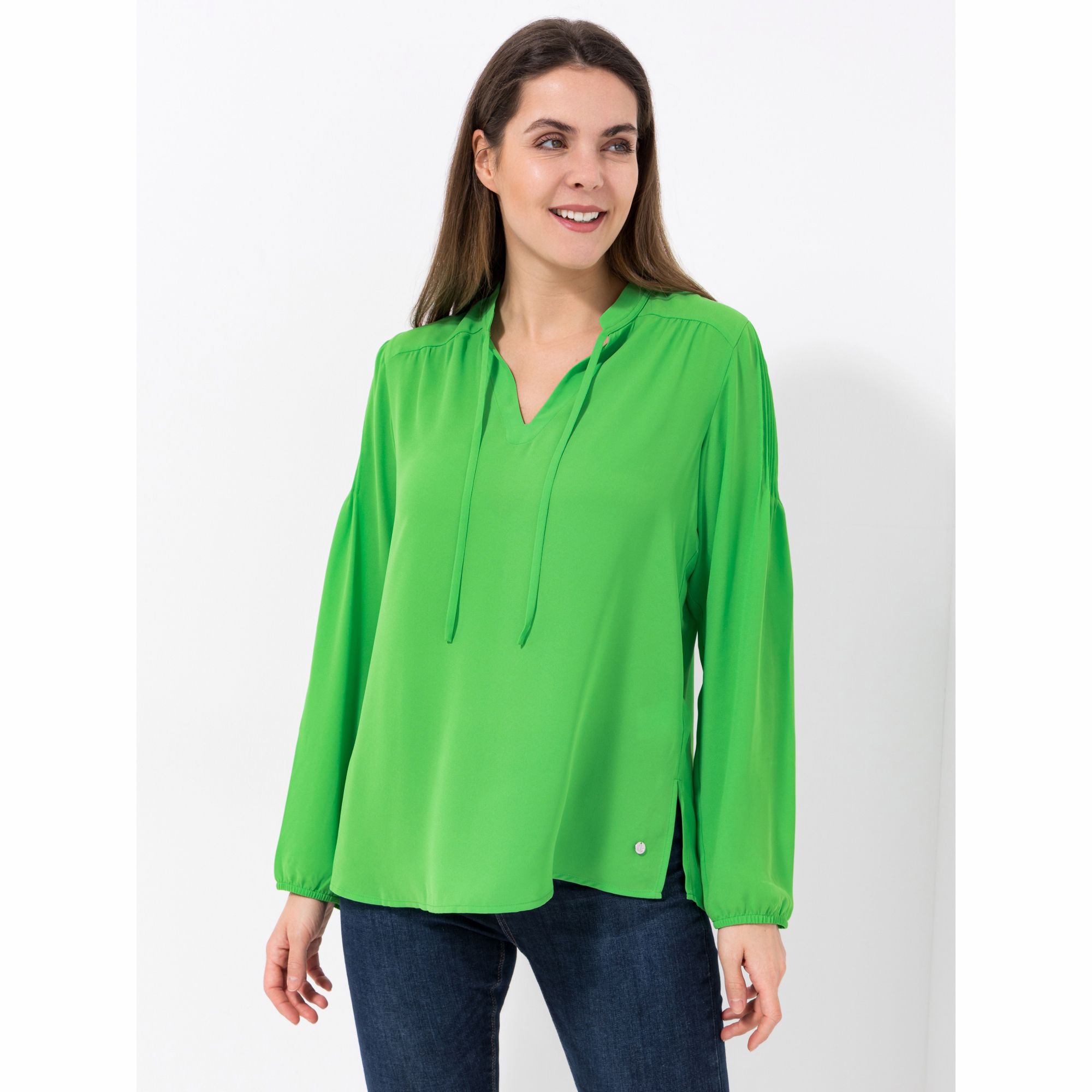 EVA LUTZ Bluse, Langarm kleiner Stehkragen Bindeband leger weit