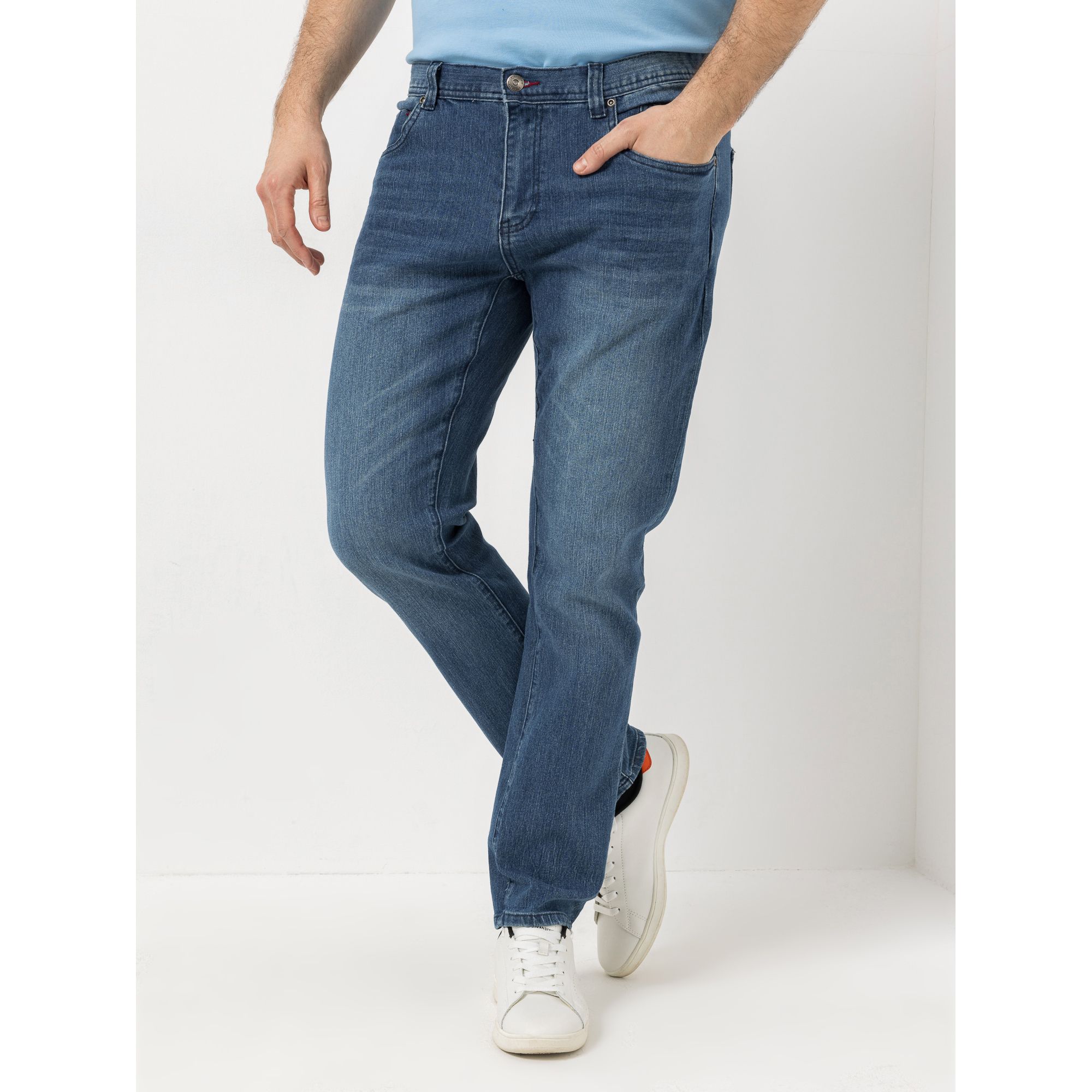 STRANDFEIN Menswear Jeanshose lange Form Handytasche Knopfloch-Stickerei