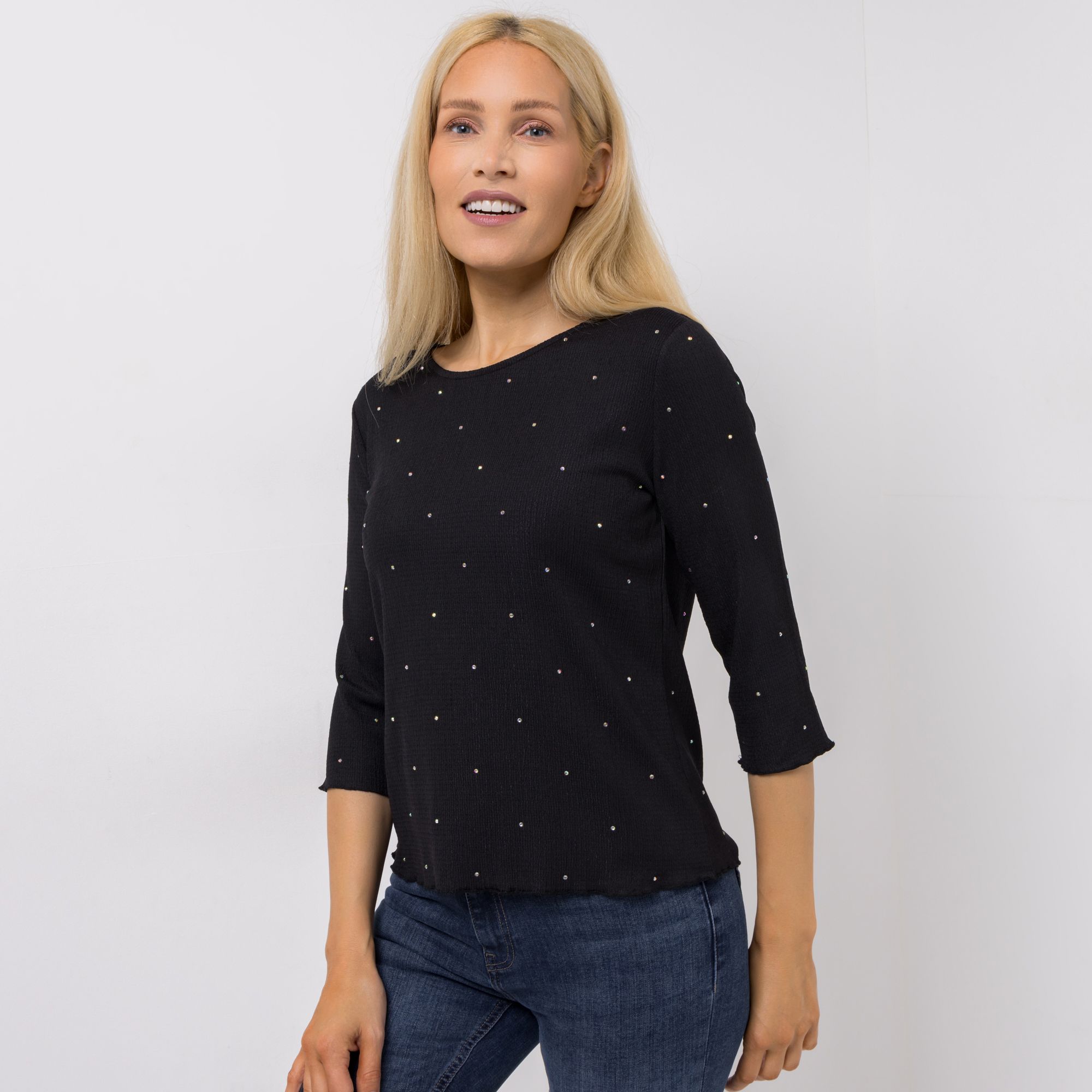 DINE 'N' DANCE Shirt, 3/4-Arm Rundhalsausschnitt Strasssteine figurumspielend