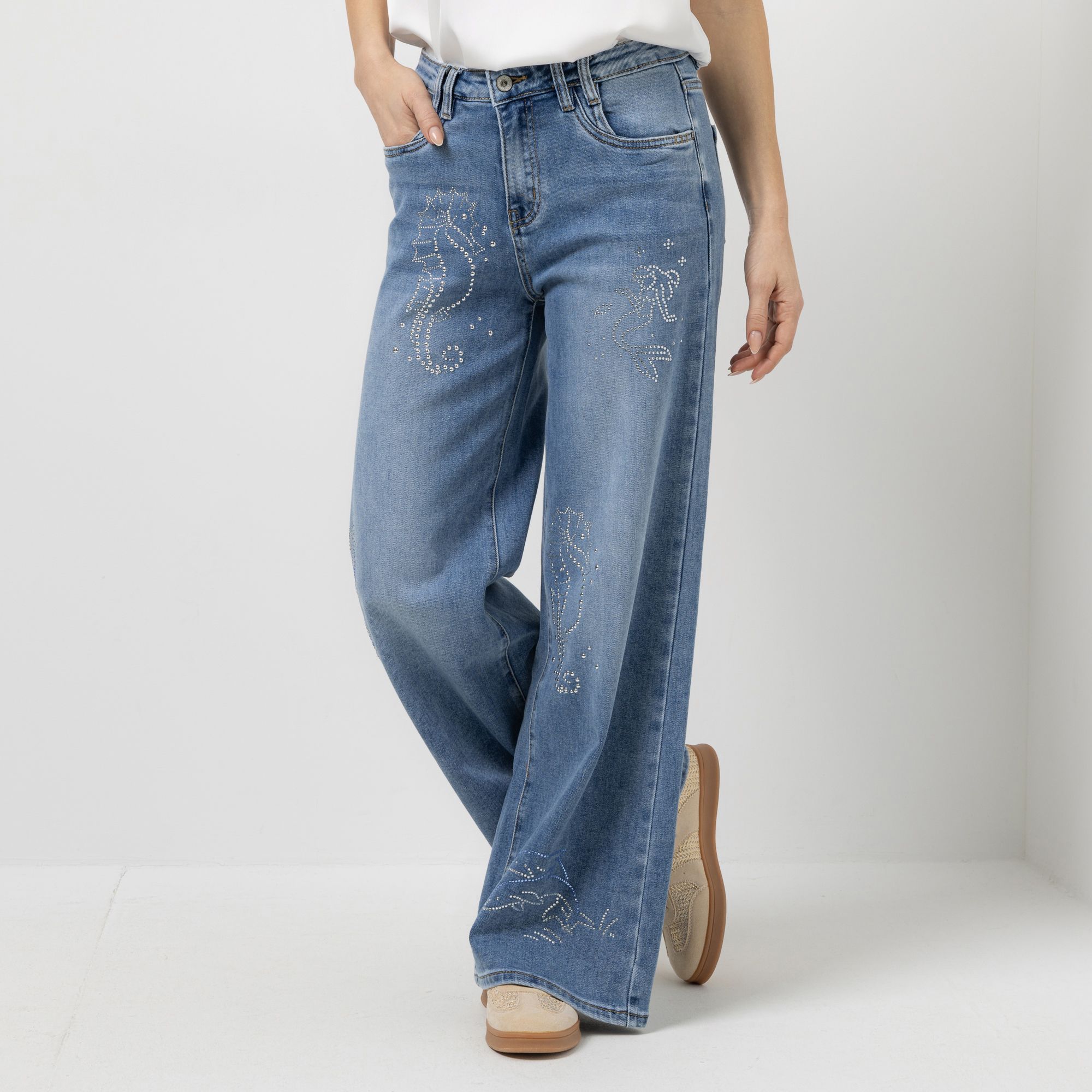 DINE 'N' DANCE Jeanshose 5-Pocket-Style Strassdekoration weites Bein