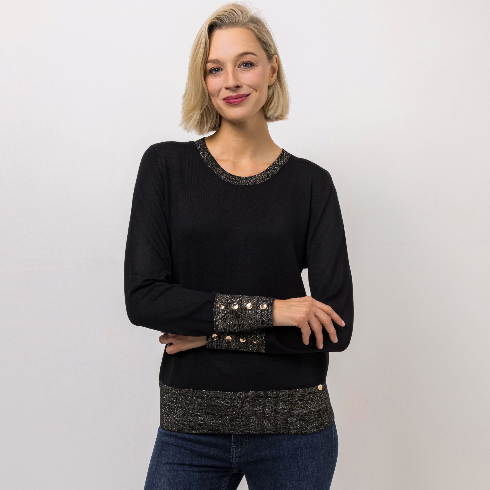 EVA LUTZ Pullover mit Glanzgarn und Zierknöpfen figurumspielend