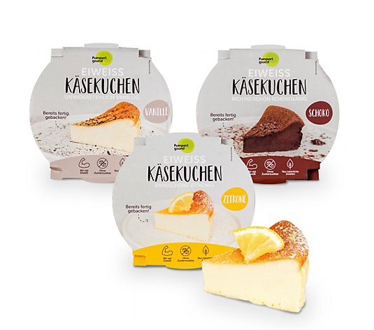 PUMPERLGSUND Eiweiß-Käsekuchen 3er-Set in Vanille, Zitrone & Schokolade