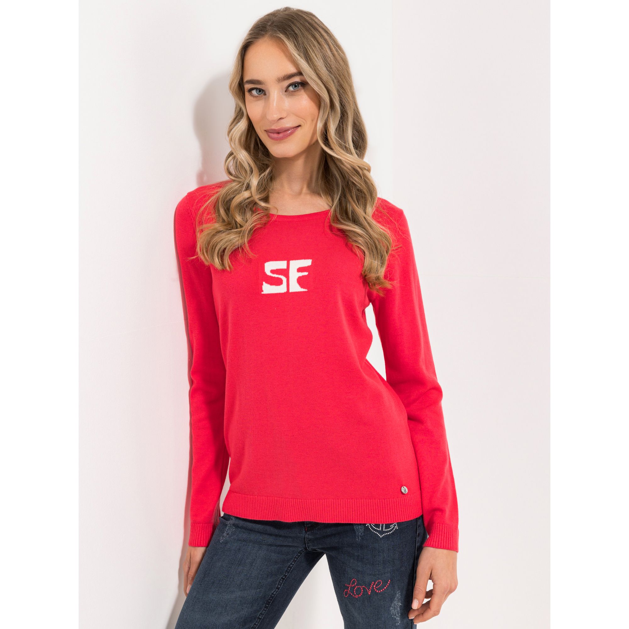 STRANDFEIN Pullover Rundhalsausschnitt Logo-Intarsie figurumspielend