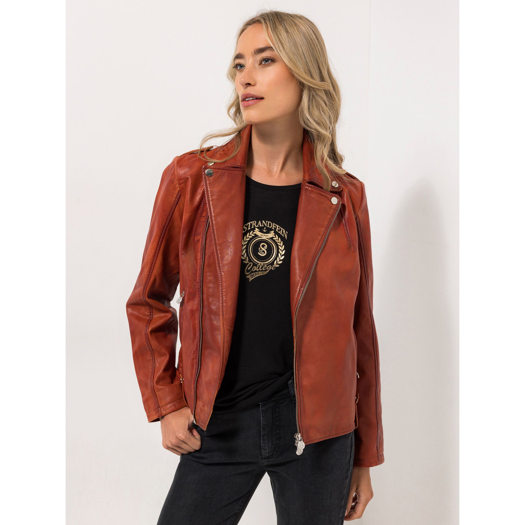 STRANDFEIN Lederjacke Lammnappa 2-Wege-Reißverschluss figurbetont