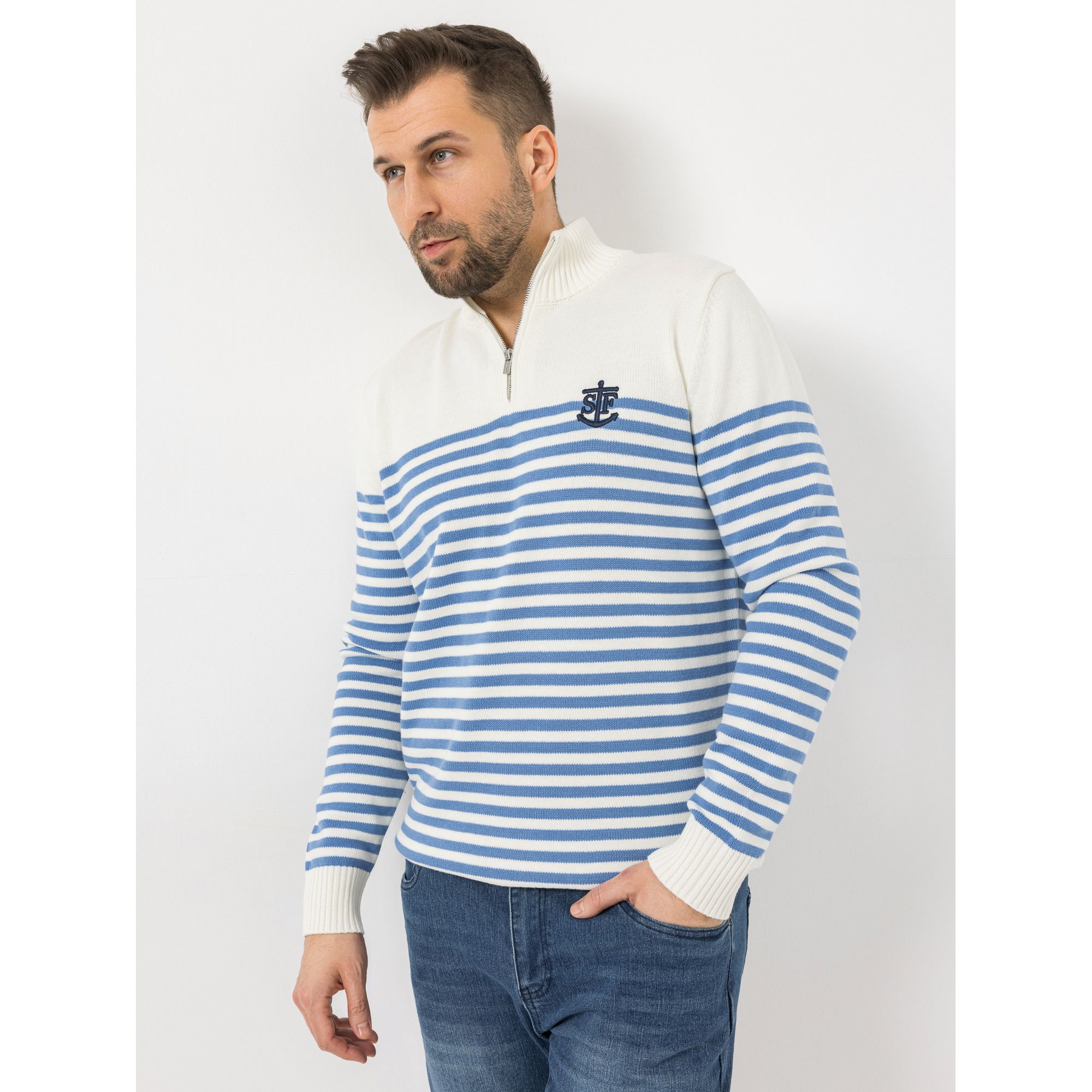 STRANDFEIN Menswear Pullover Troyerkragen gestreift Anker-Stickerei