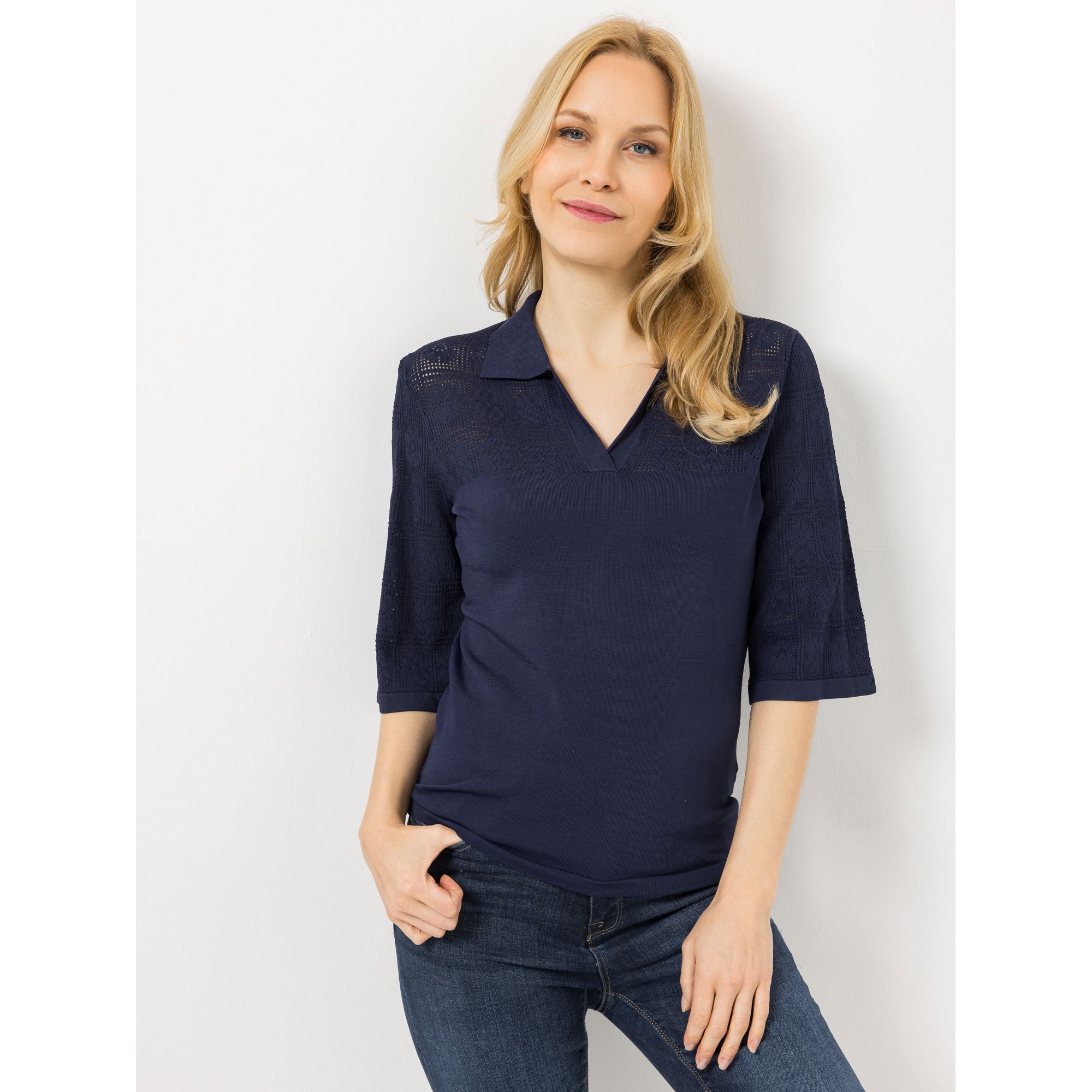 ANNI FOR FRIENDS Strickshirt, 1/2-Arm Polo-Kragen Spitzen-Strickmuster figurumspielend