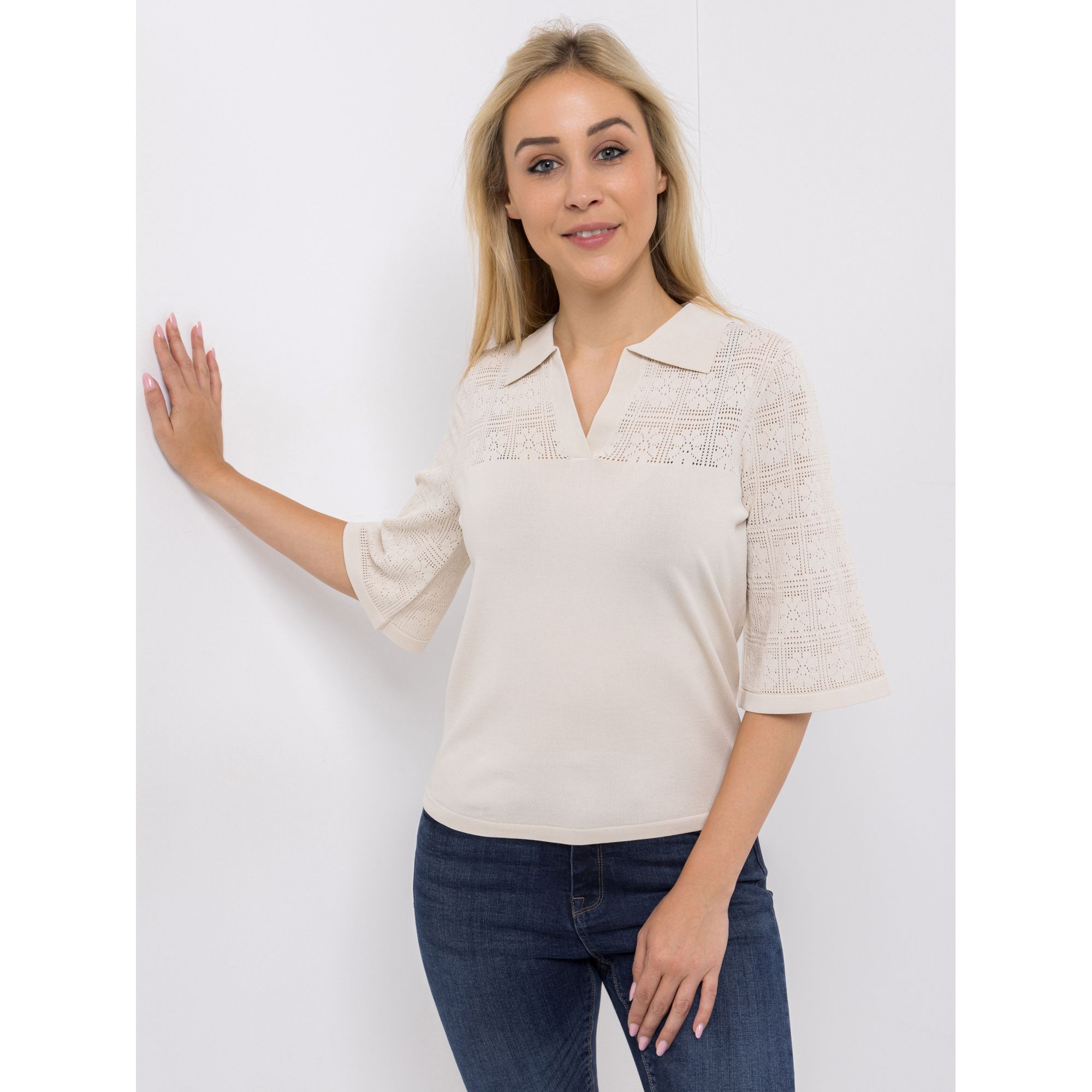 ANNI FOR FRIENDS Strickshirt, 1/2-Arm Polo-Kragen Spitzen-Strickmuster figurumspielend
