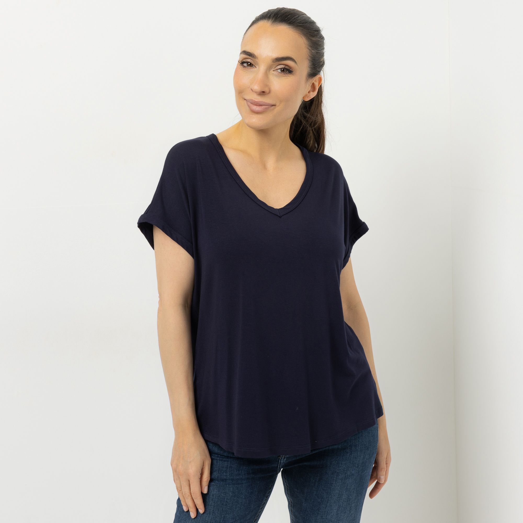 KIM & CO. Shirt, 1/2-Arm Viskose-Jersey V-Ausschnitt figurumspielend