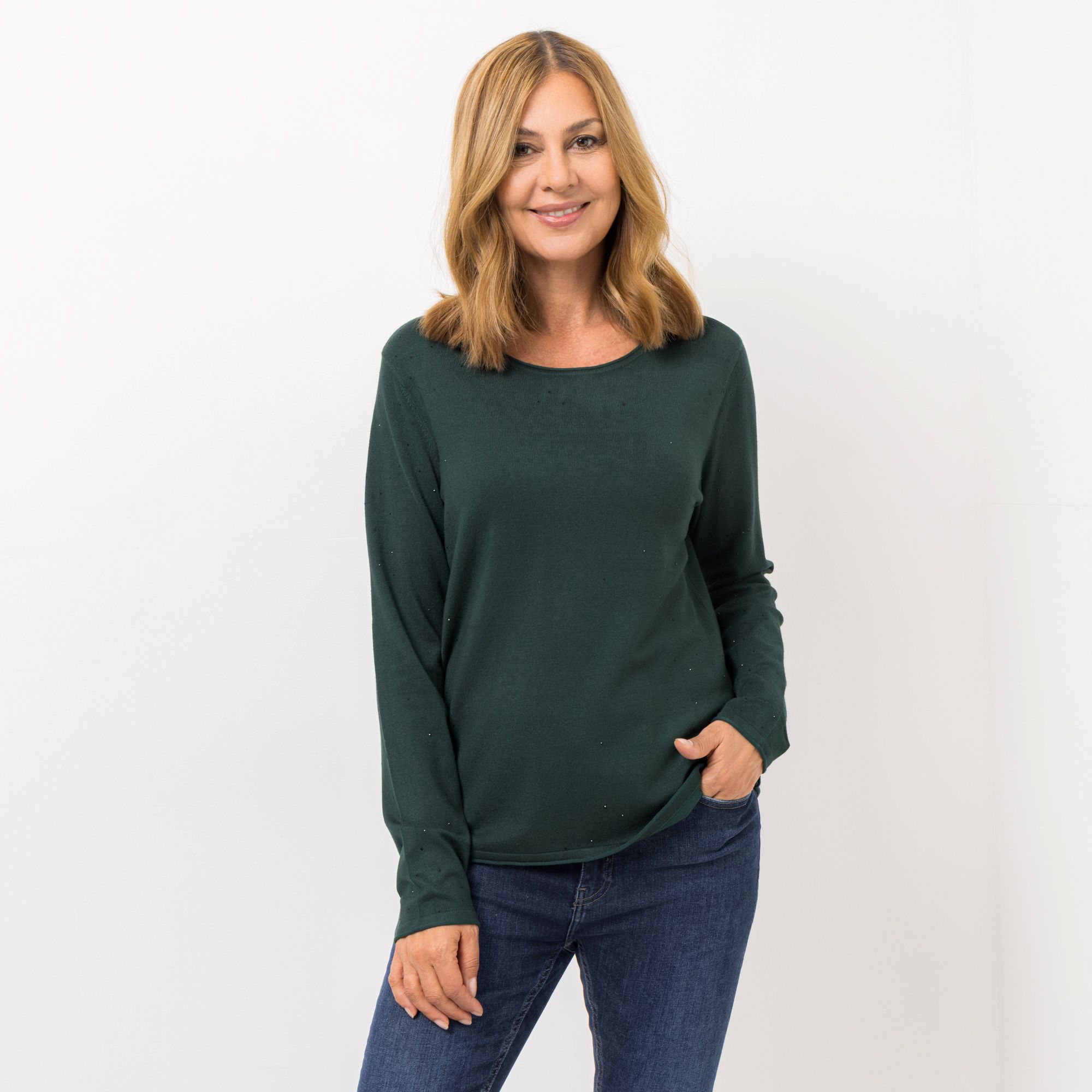 EVA LUTZ Pullover Rundhalsausschnitt Strass-Details figurumspielend