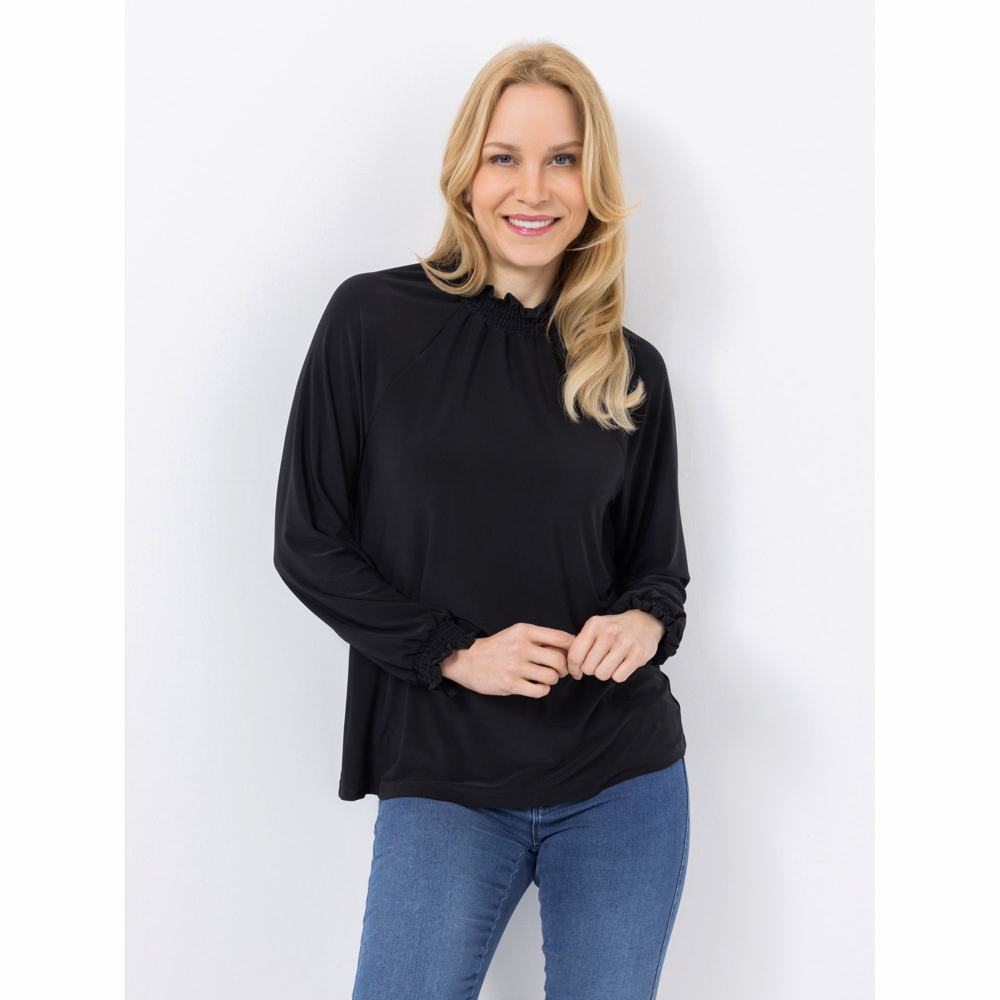 KIM & CO. Shirt, Langarm Deluxe Brazil Knit gesmokter Stehkragen figurumspielend