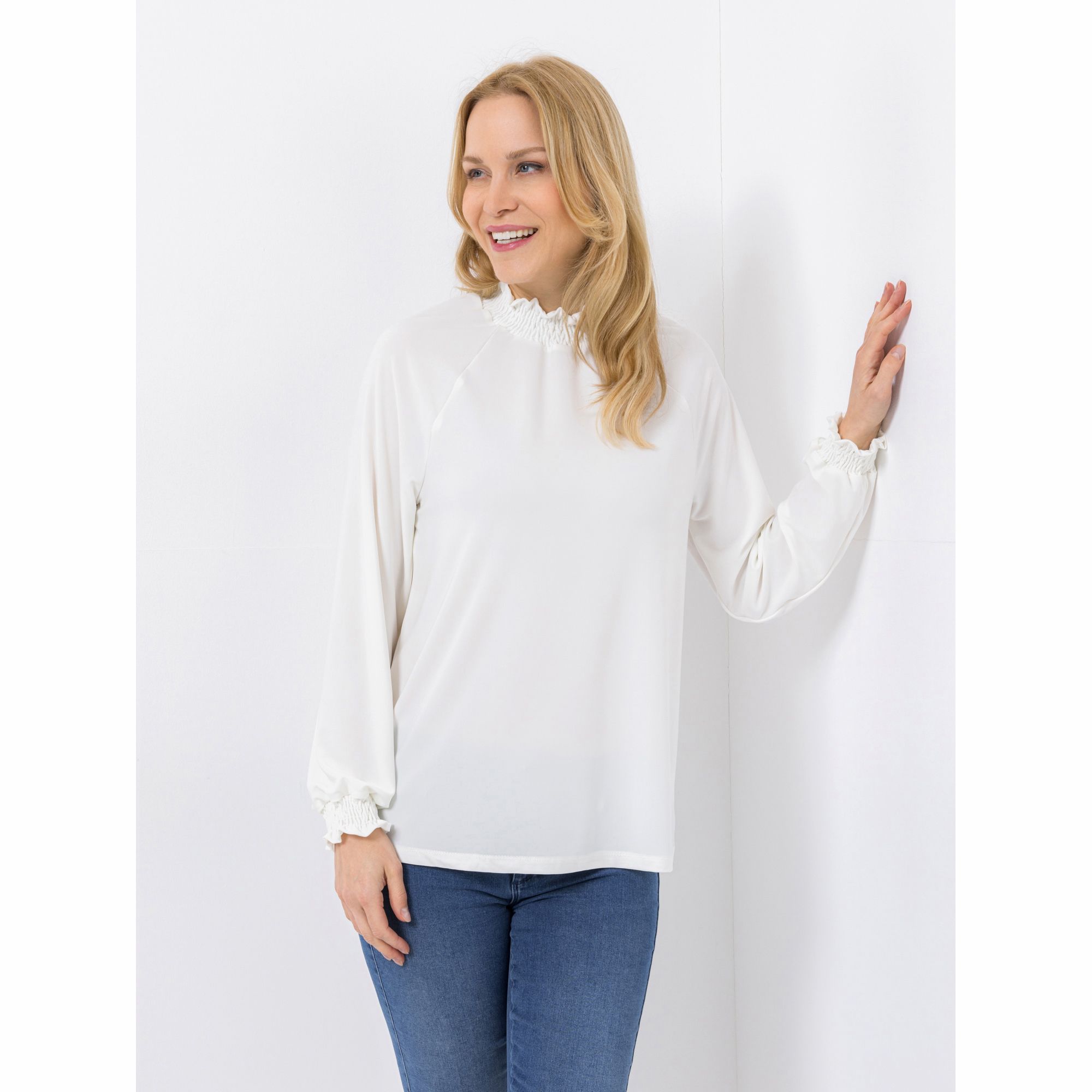 KIM & CO. Shirt, Langarm Deluxe Brazil Knit gesmokter Stehkragen figurumspielend