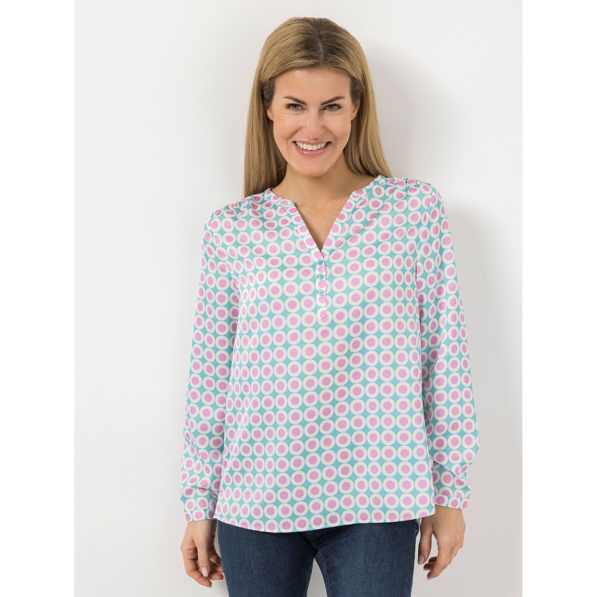 ANNI FOR FRIENDS Bluse Anna Serafino-Ausschnitt Allover-Druck leger weit