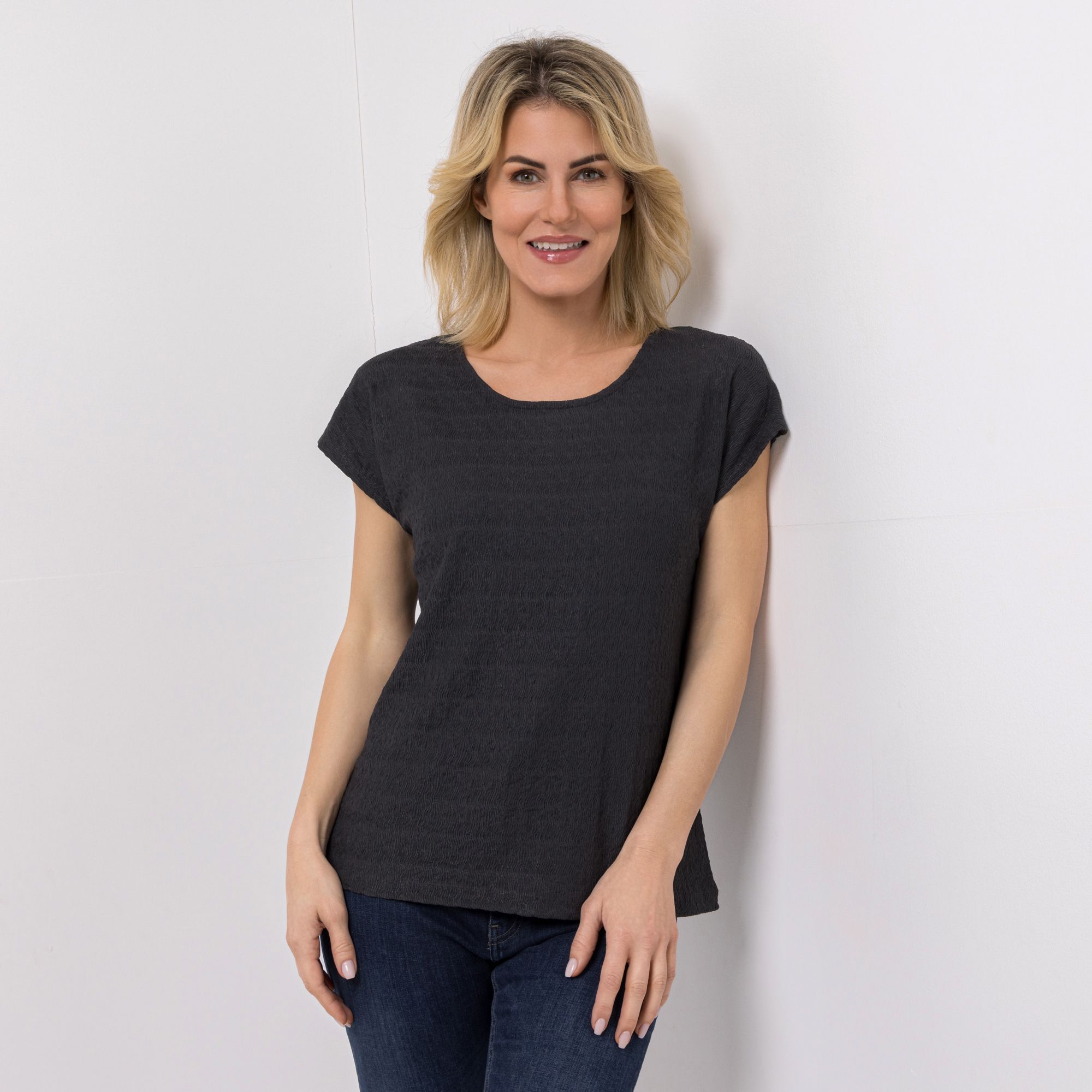 DINE 'N' DANCE Shirt Rundhalsausschnitt Struktur-Ware figurumspielend