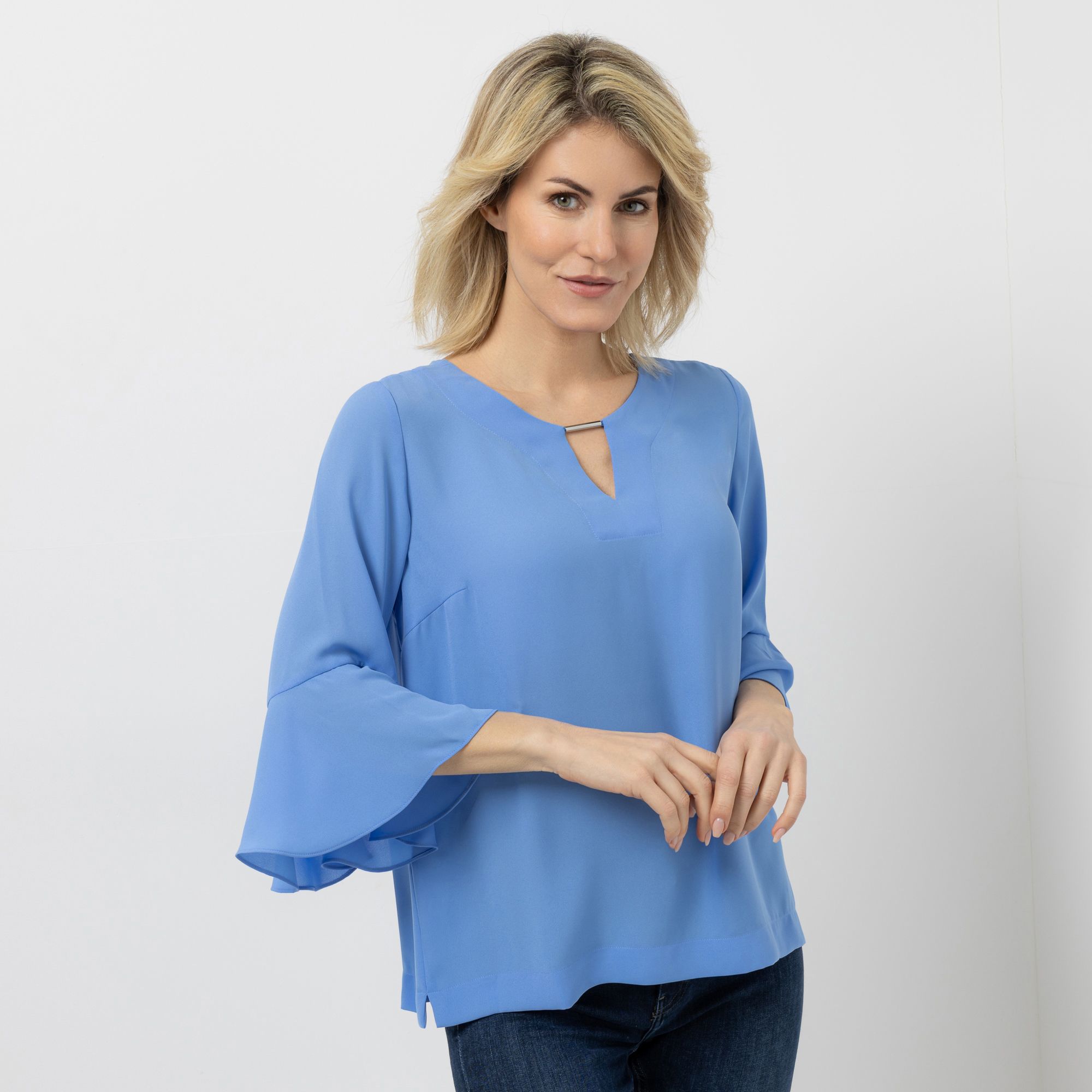 EVA LUTZ Bluse, 3/4-Arm mit Volant Zierausschnitt leger weit