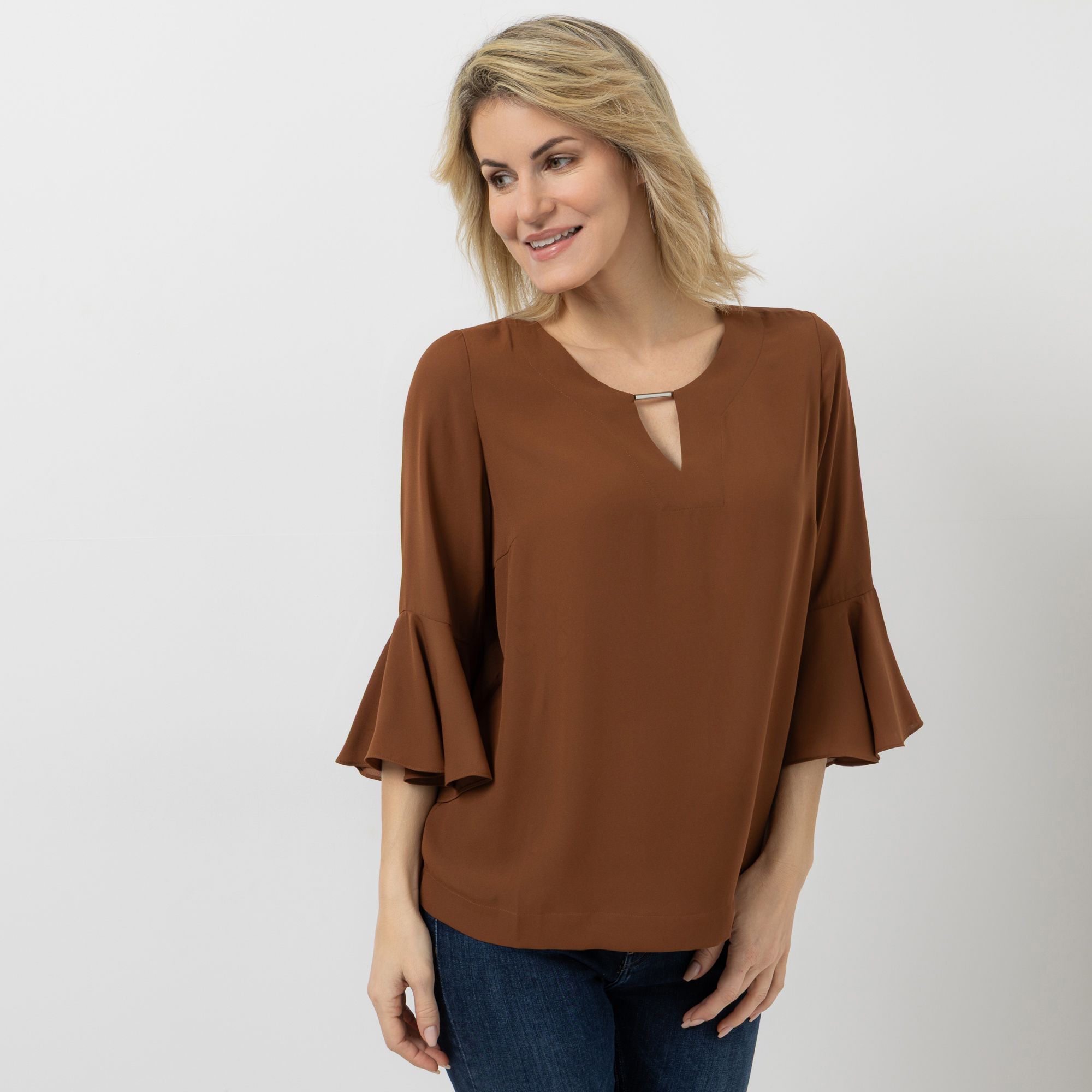 EVA LUTZ Bluse, 3/4-Arm mit Volant Zierausschnitt leger weit