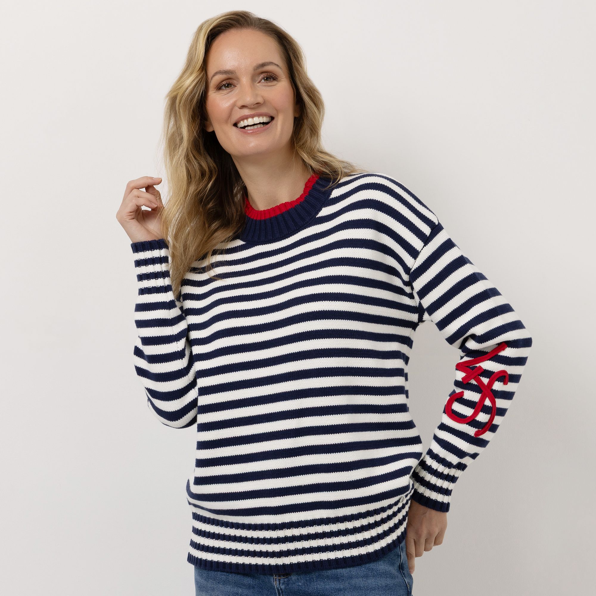 STRANDFEIN Pullover Rundhalsausschnitt Stickerei-Detail leger weit