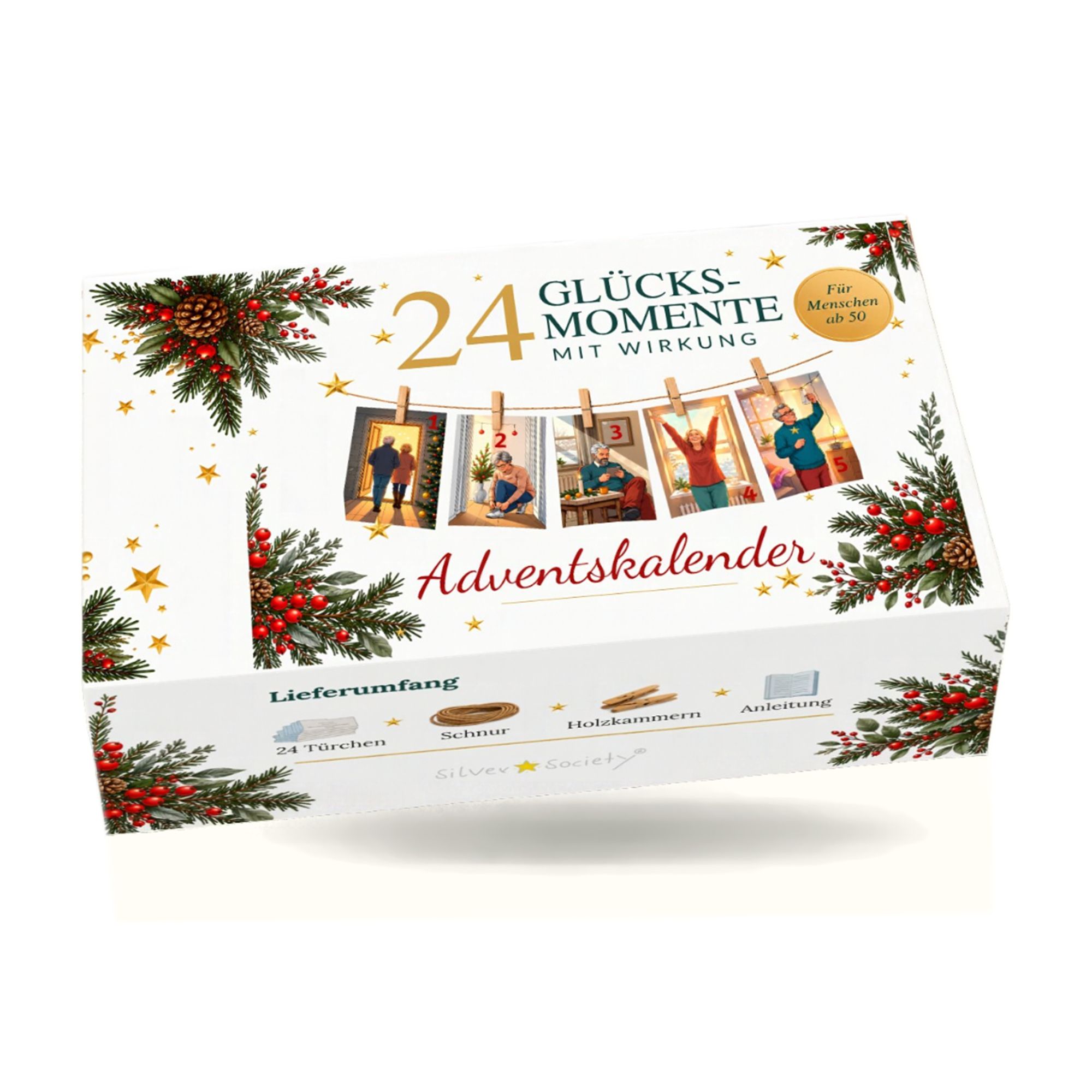SILVER STAR SOCIETY® Adventskalender mit 24 Türchen als Karten Schnur zum aufhängen 24 Holzklammern