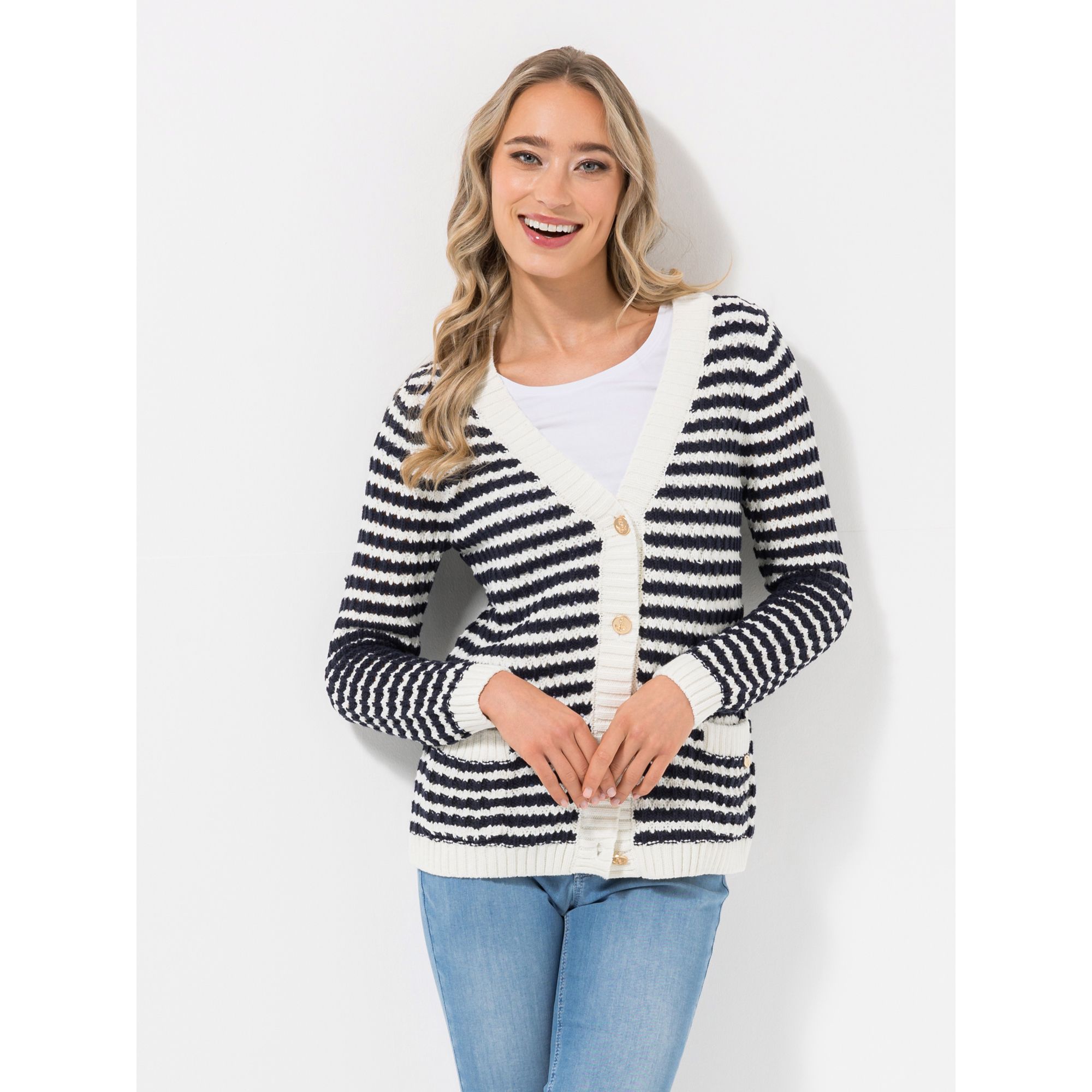 STRANDFEIN Cardigan V-Ausschnitt Anker-Knöpfe figurumspielend