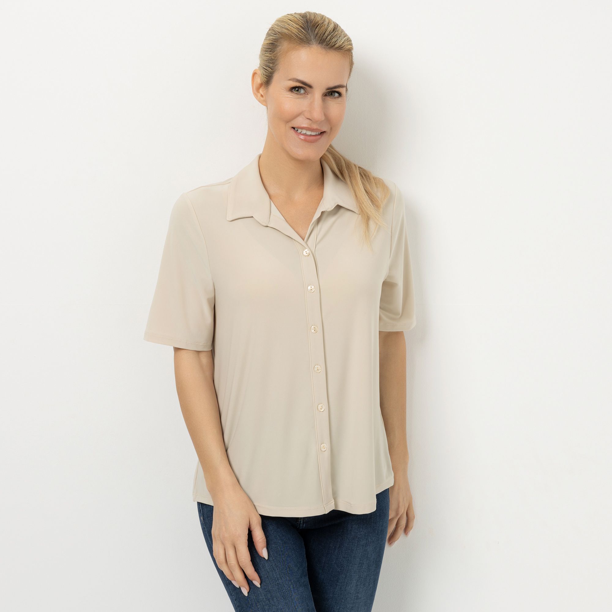 KIM & CO. Blusen-Shirt, 1/2-Arm Brazil Knit Jersey Knopfleiste figurumspielend