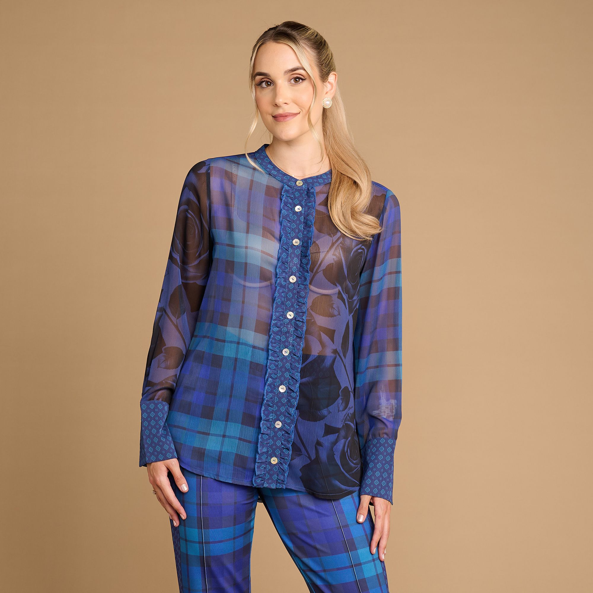 SCHIFFHAUER MUNICH® Bluse Scotland Stehkragen Allover Druck figurumspielend