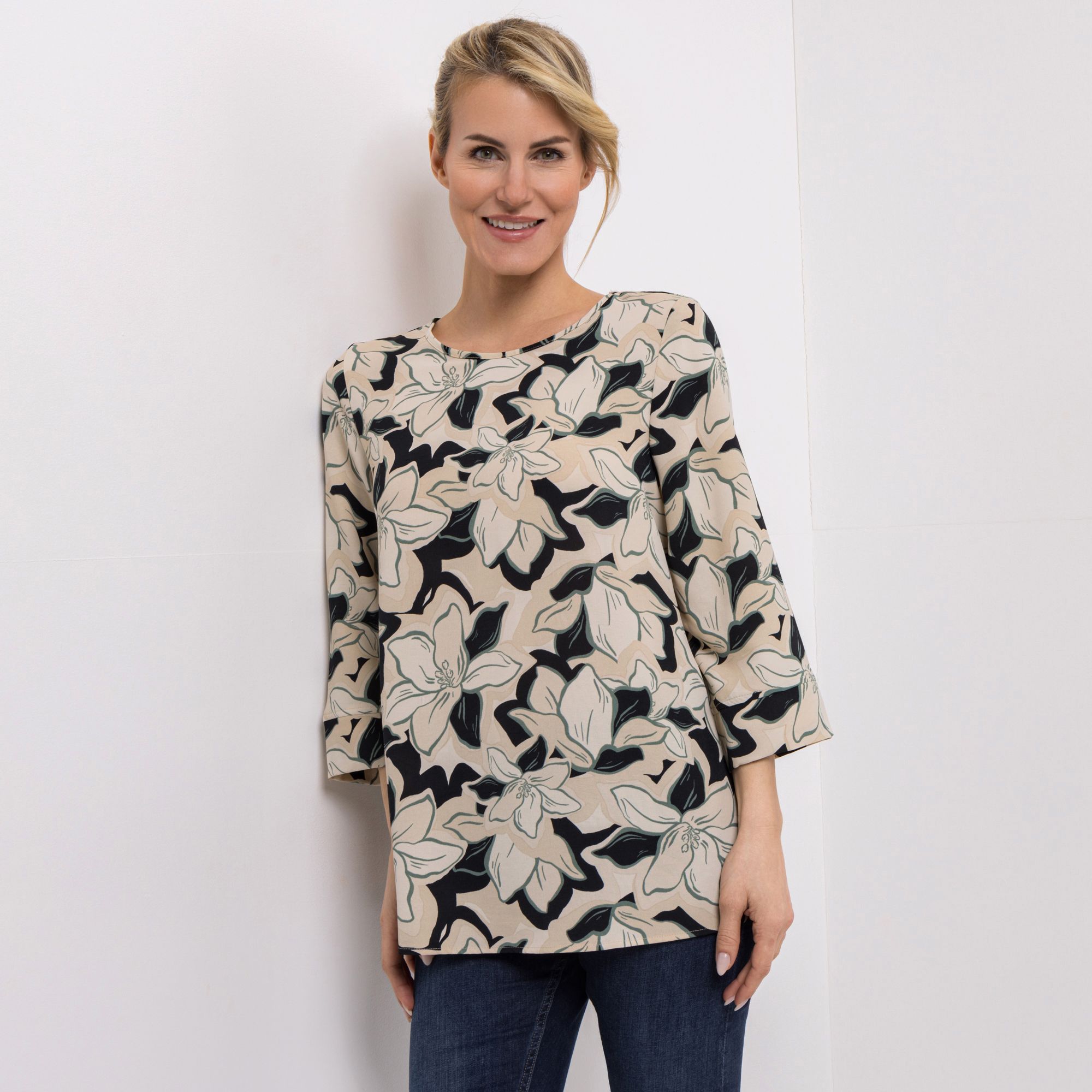 KIM & CO. Bluse, 7/8-Arm Struktur-Popeline Rundhalsausschnitt leger weit