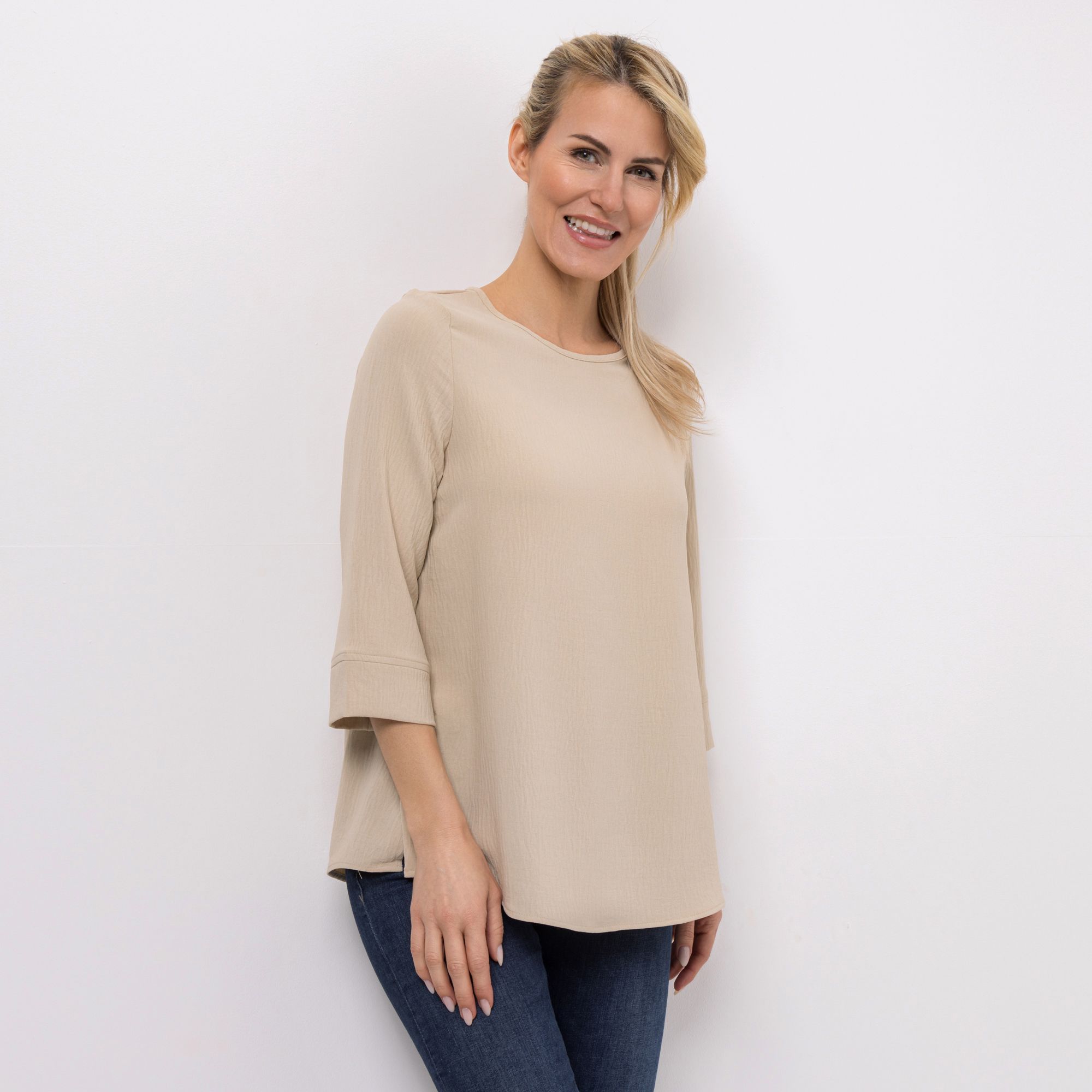 KIM & CO. Bluse, 7/8-Arm Struktur-Popeline Rundhalsausschnitt leger weit