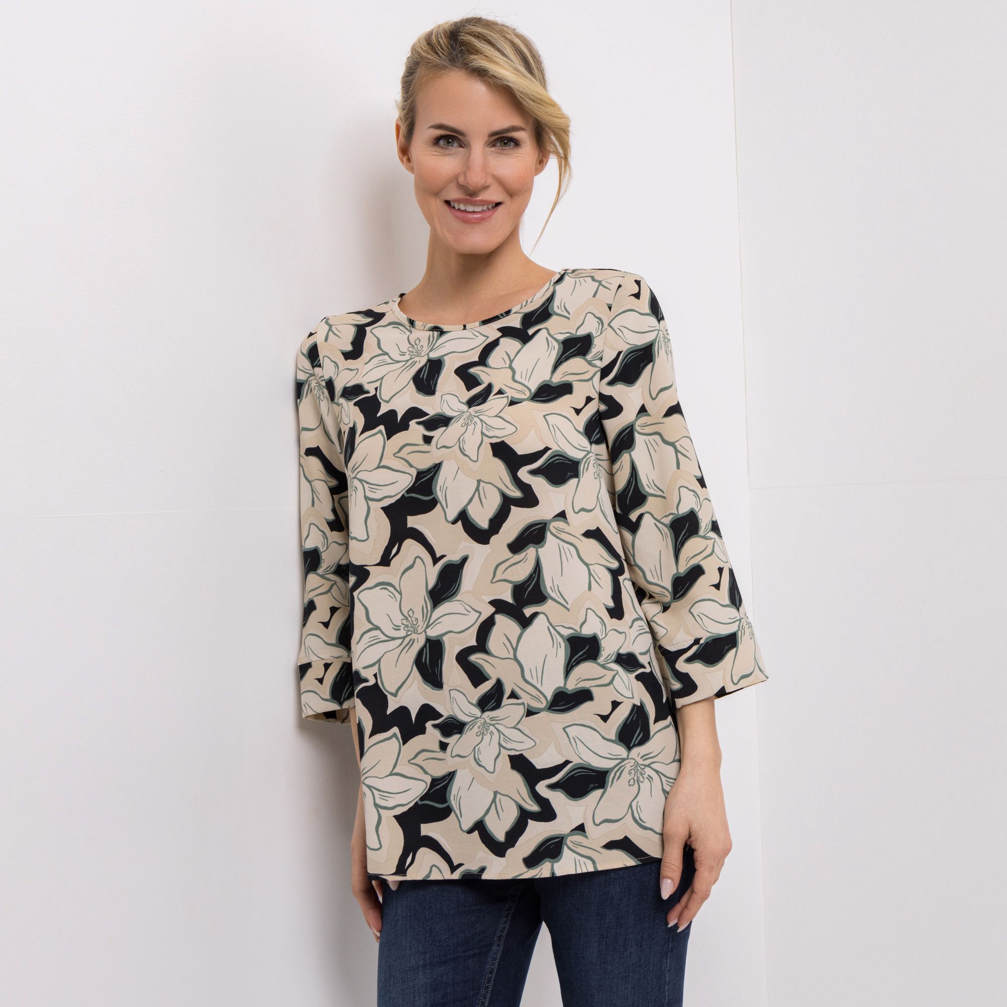 KIM & CO. Bluse, 7/8-Arm Struktur-Popeline Rundhalsausschnitt leger weit