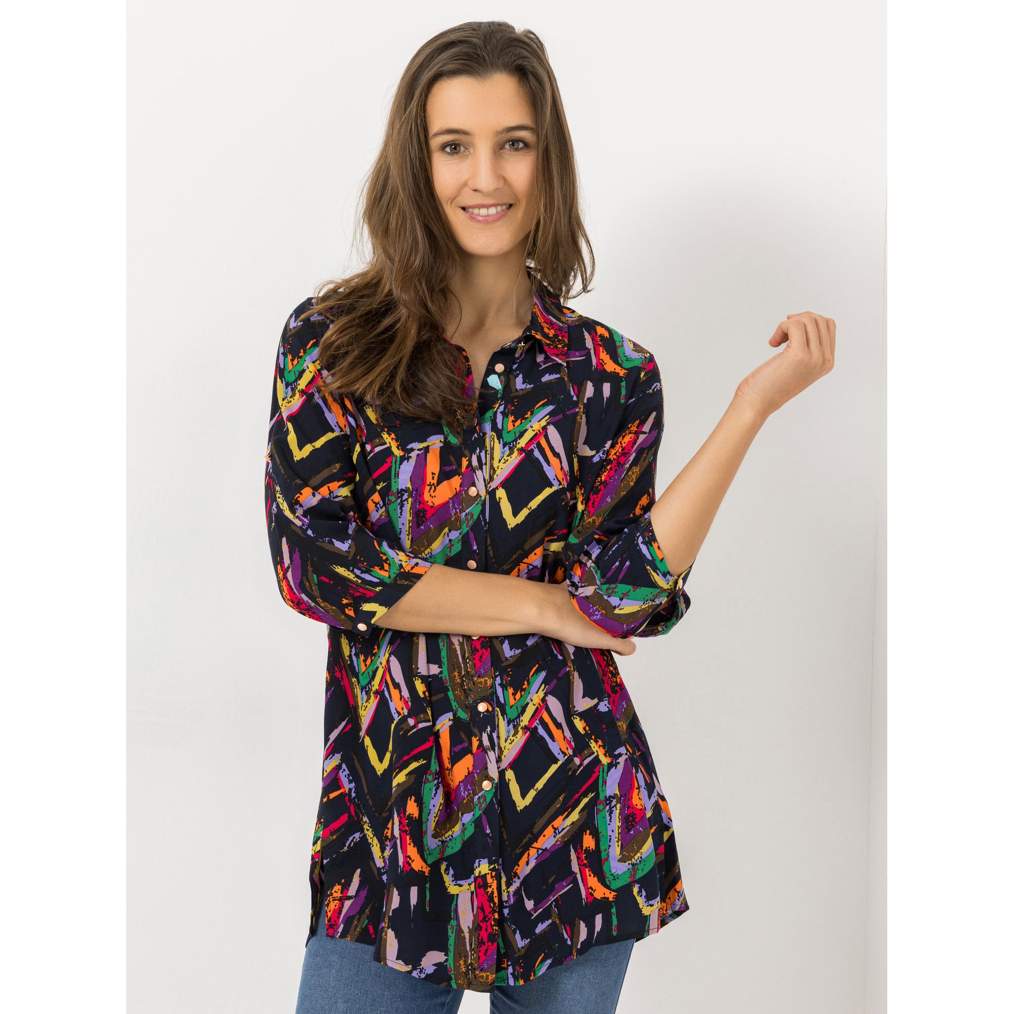DINE 'N' DANCE Tunika, 3/4-Arm Hemdkragen Knopfleiste leger weit
