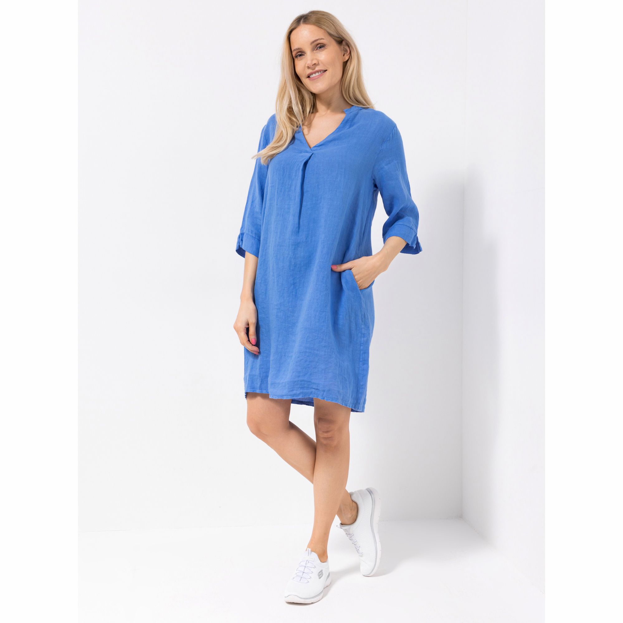 DINE 'N' DANCE Leinenkleid, 3/4-Arm V-Ausschnitt Kellerfalte leger weit